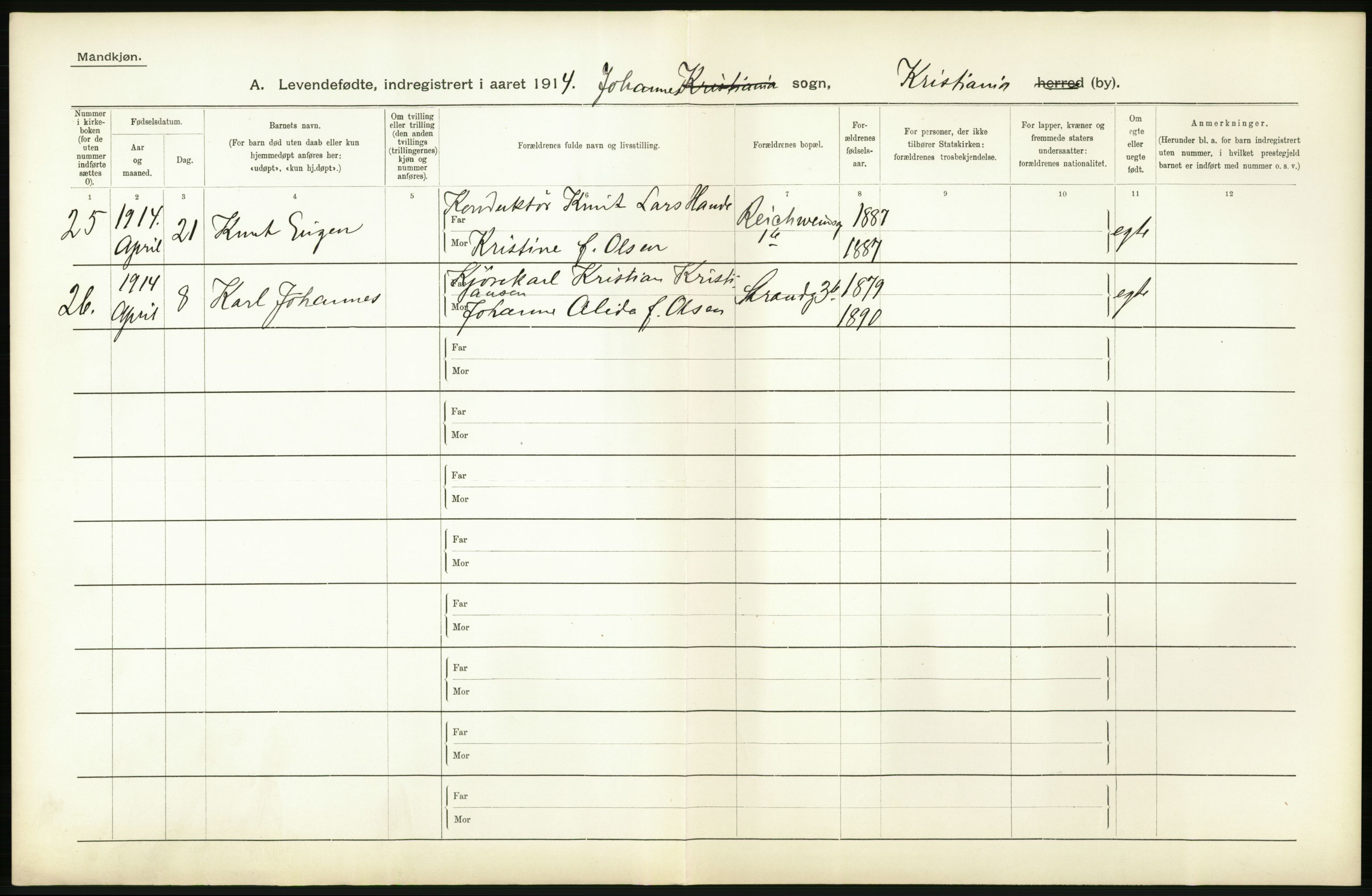 Statistisk sentralbyrå, Sosiodemografiske emner, Befolkning, AV/RA-S-2228/D/Df/Dfb/Dfbd/L0006: Kristiania: Levendefødte menn og kvinner., 1914, p. 12