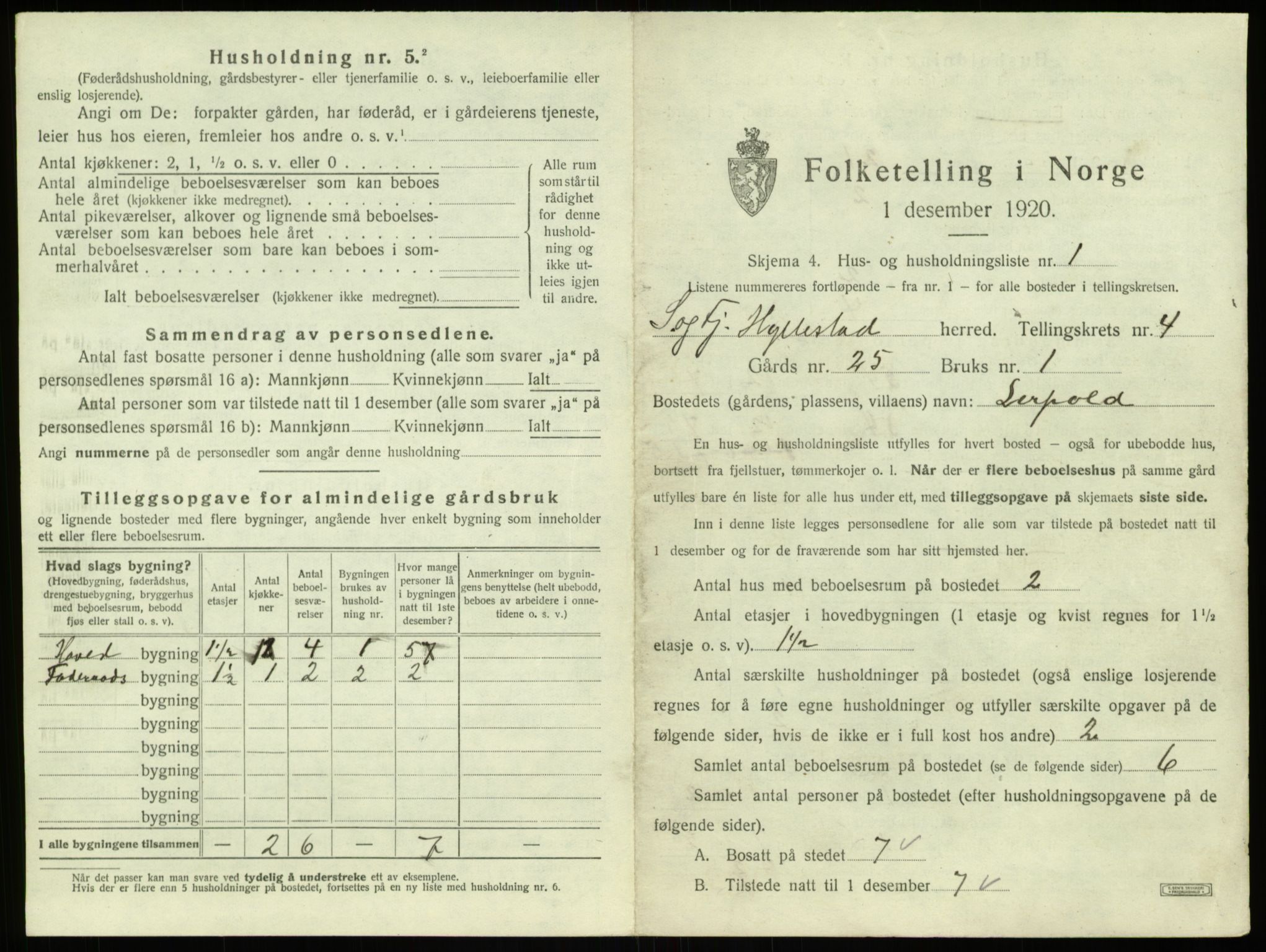 SAB, 1920 census for Hyllestad, 1920, p. 210