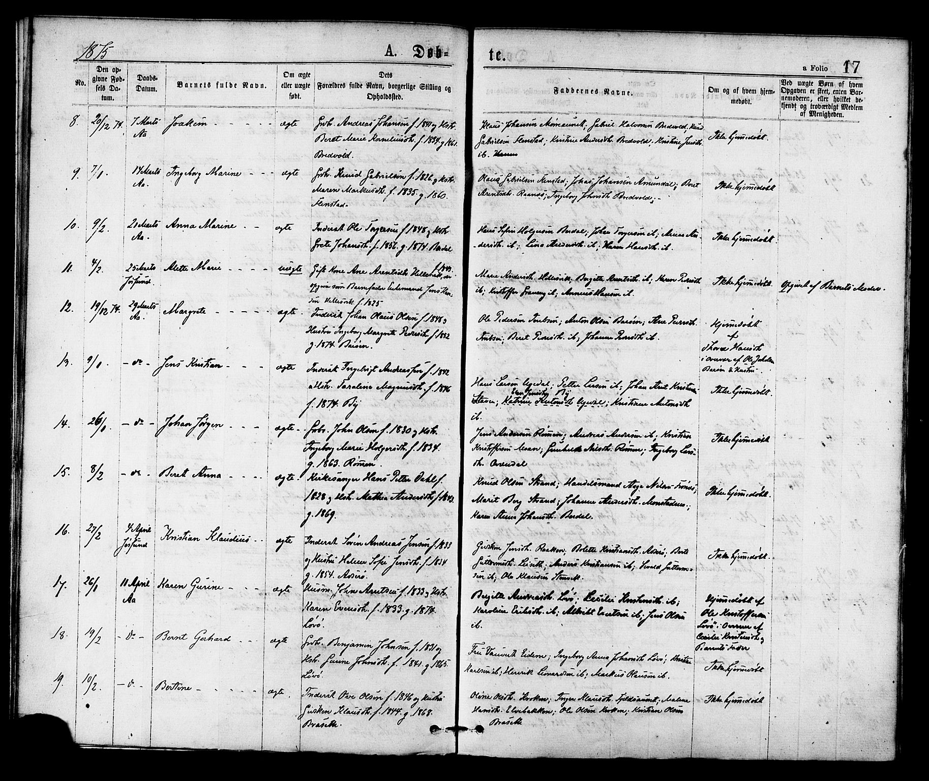 Ministerialprotokoller, klokkerbøker og fødselsregistre - Sør-Trøndelag, SAT/A-1456/655/L0679: Parish register (official) no. 655A08, 1873-1879, p. 17