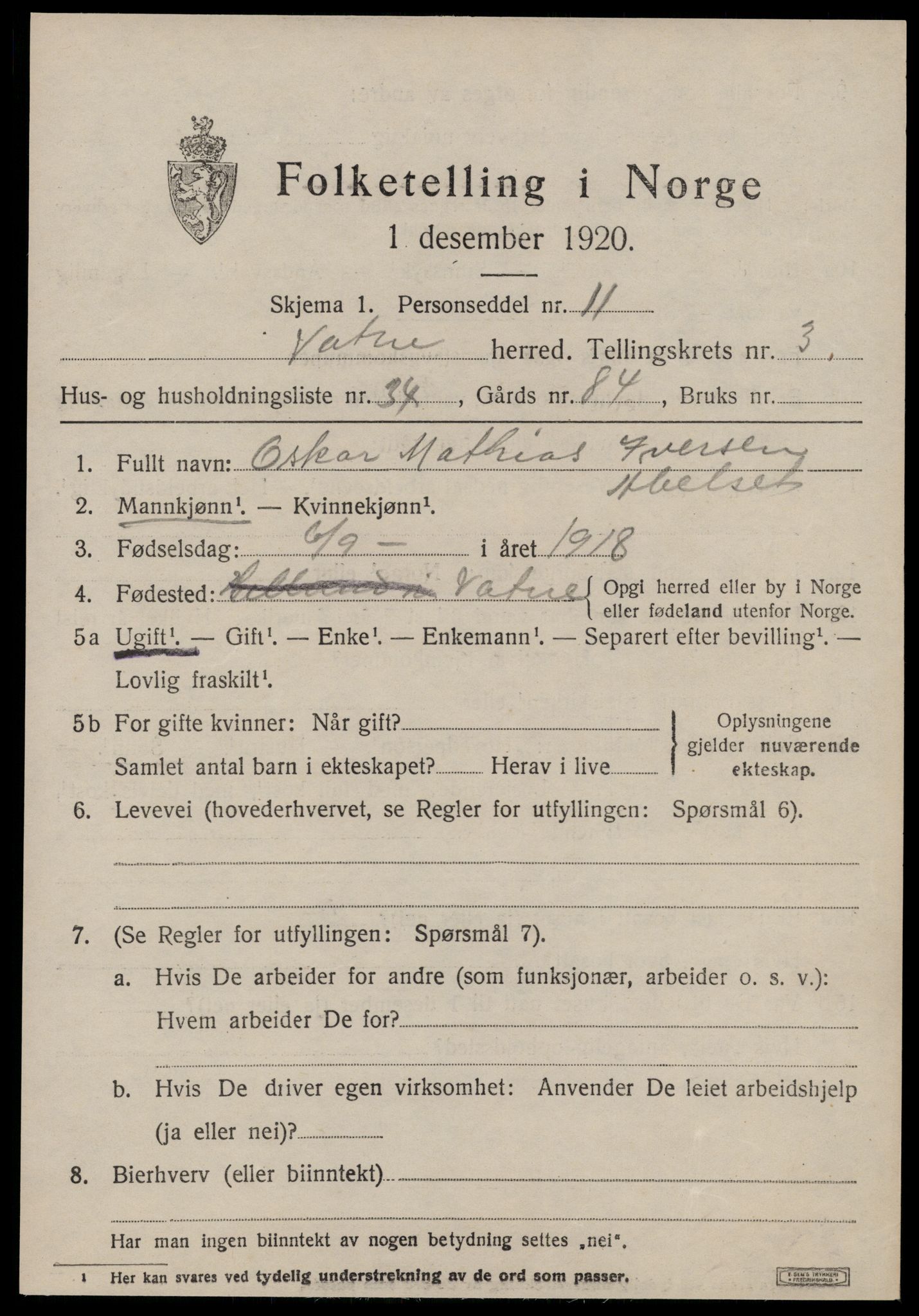 SAT, 1920 census for Vatne, 1920, p. 1808