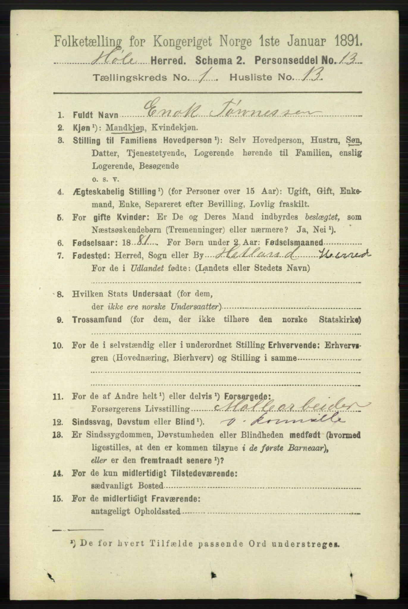 RA, 1891 census for 1128 Høle, 1891, p. 143