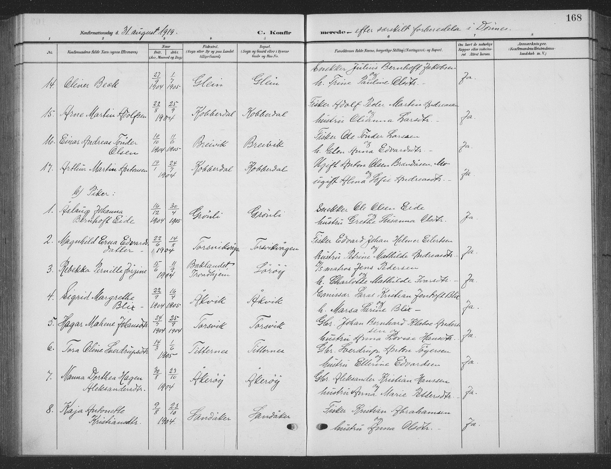 Ministerialprotokoller, klokkerbøker og fødselsregistre - Nordland, AV/SAT-A-1459/835/L0533: Parish register (copy) no. 835C05, 1906-1939, p. 168