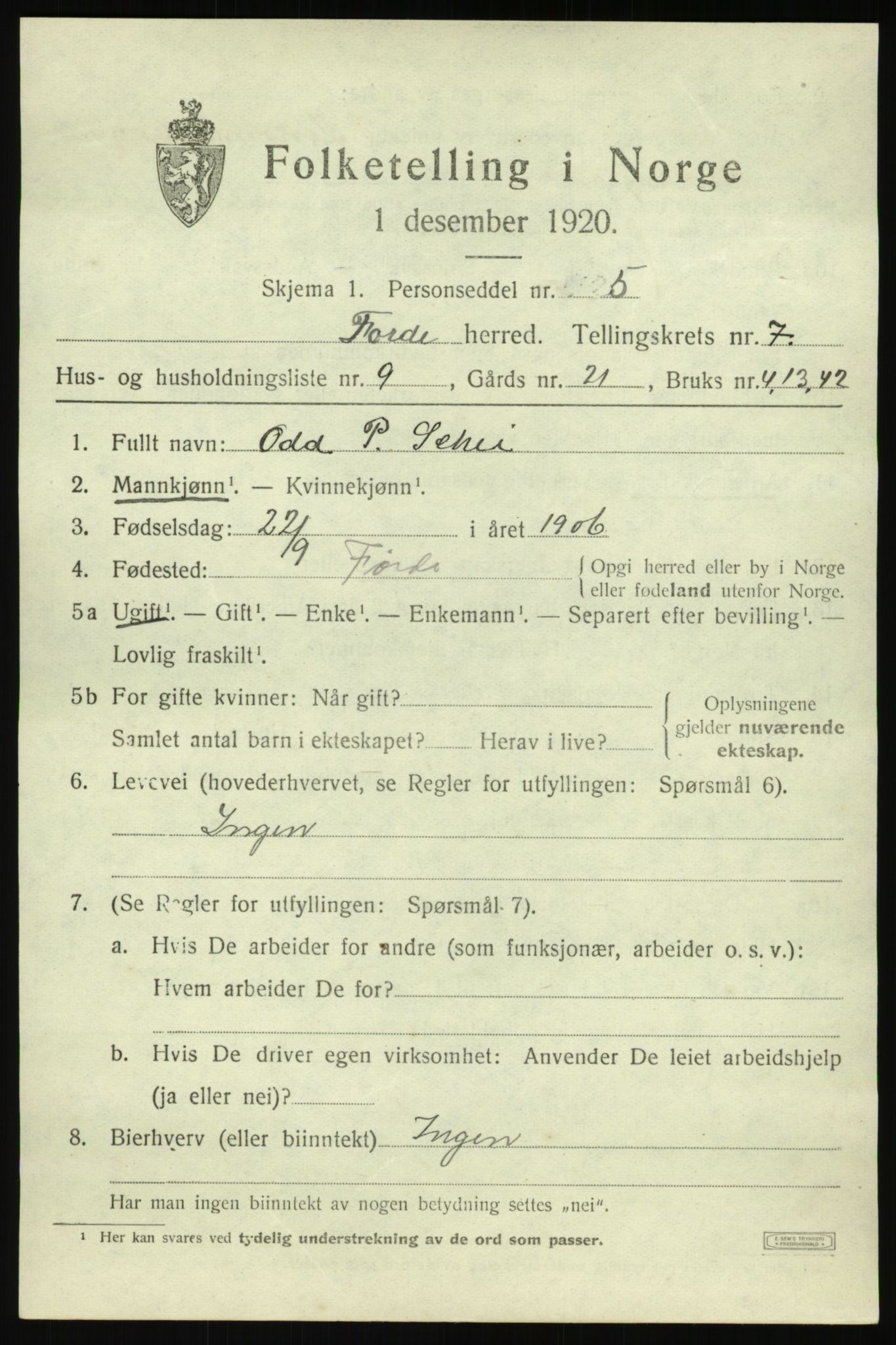 SAB, 1920 census for Førde, 1920, p. 2492