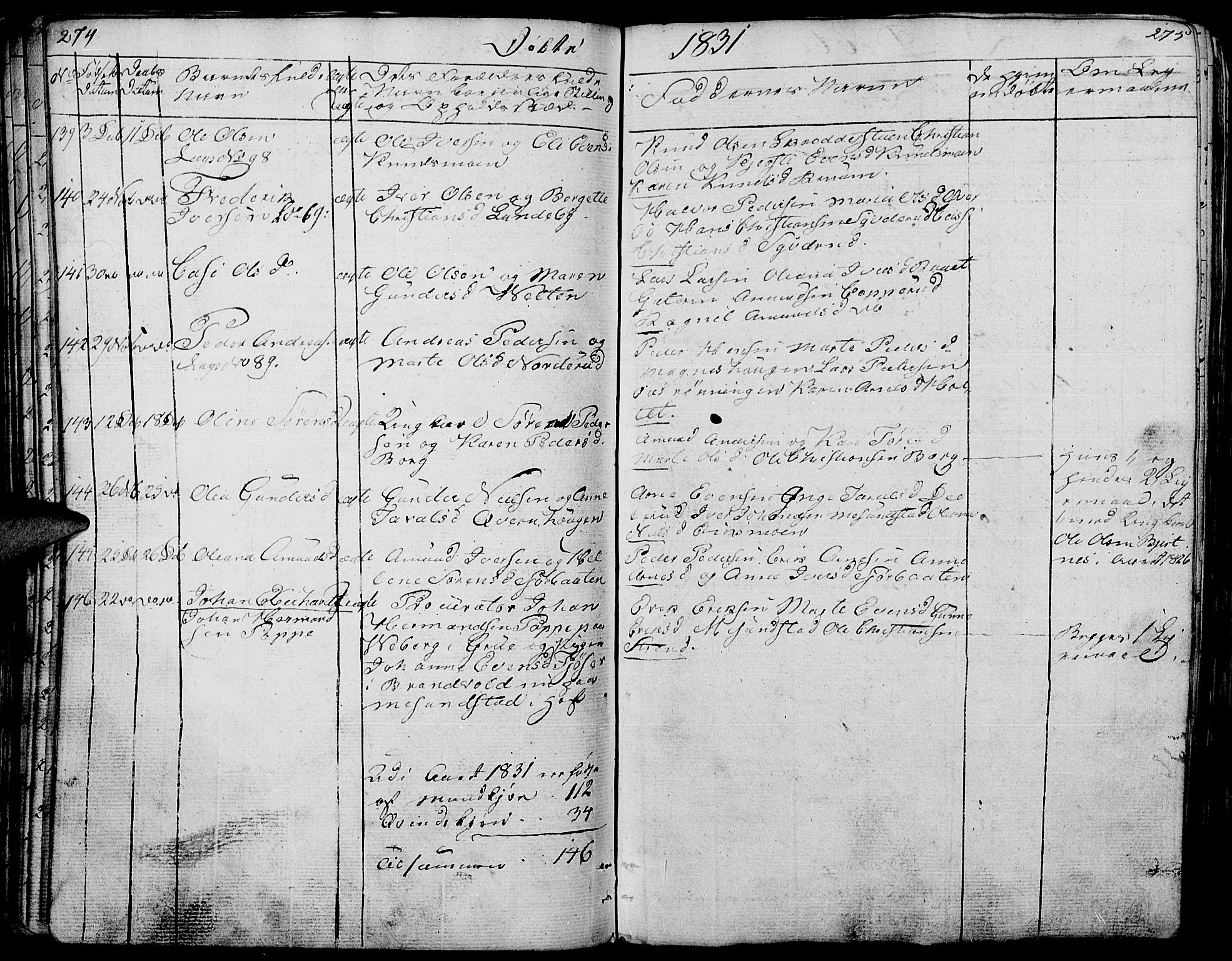 Hof prestekontor, AV/SAH-PREST-038/H/Ha/Haa/L0006: Parish register (official) no. 6, 1822-1841, p. 274-275