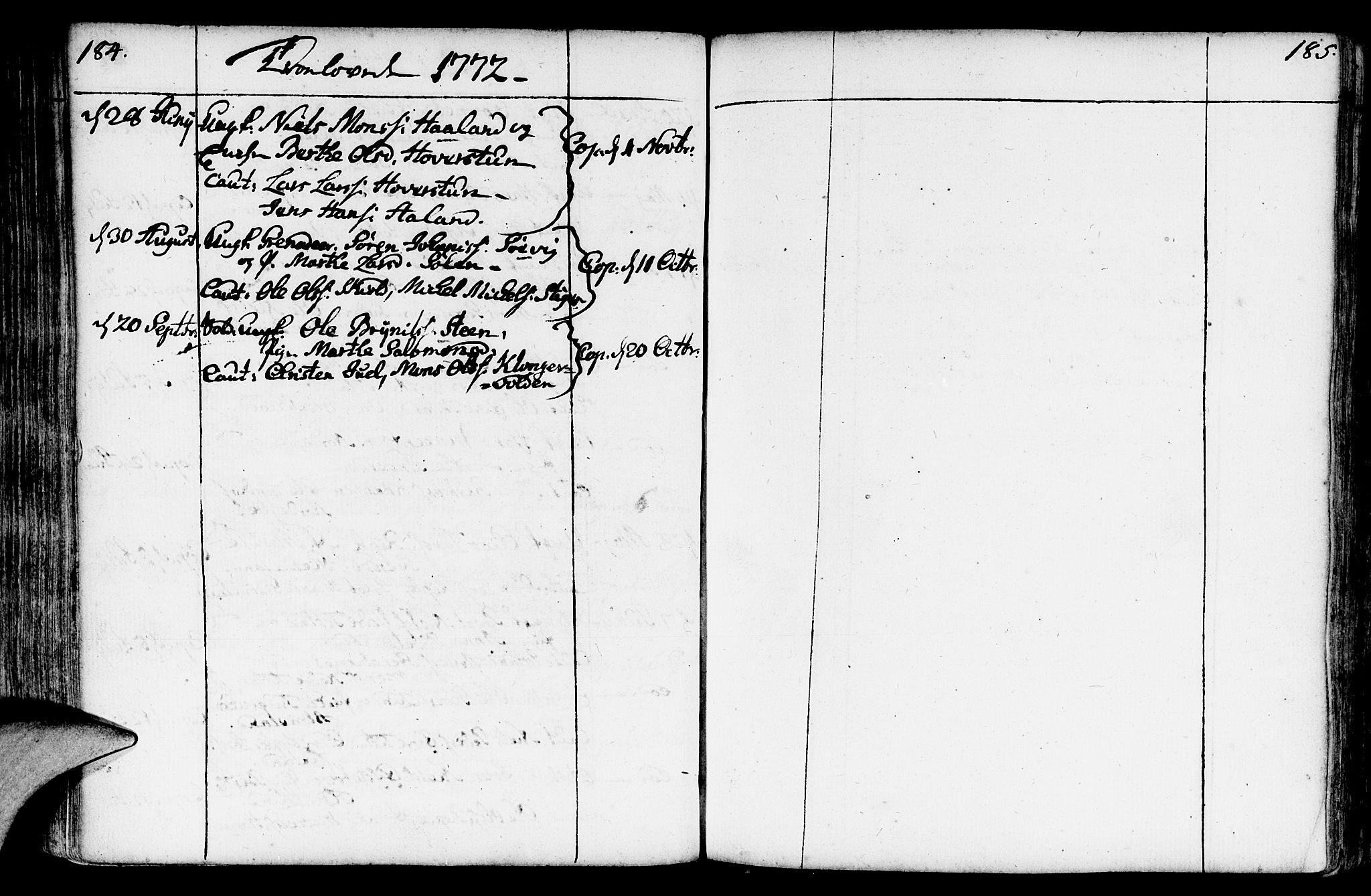 Fana Sokneprestembete, AV/SAB-A-75101/H/Haa/Haaa/L0004: Parish register (official) no. A 4, 1757-1774, p. 184-185