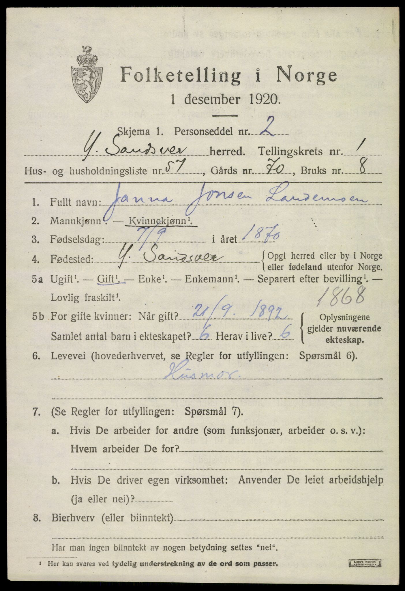 SAKO, 1920 census for Ytre Sandsvær, 1920, p. 1746