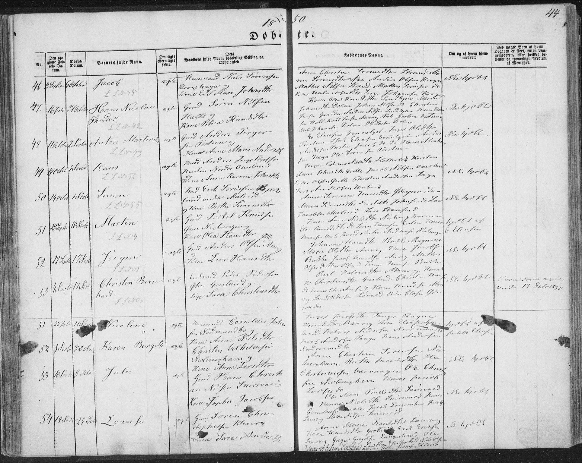 Brunlanes kirkebøker, AV/SAKO-A-342/F/Fa/L0004: Parish register (official) no. I 4, 1846-1862, p. 44