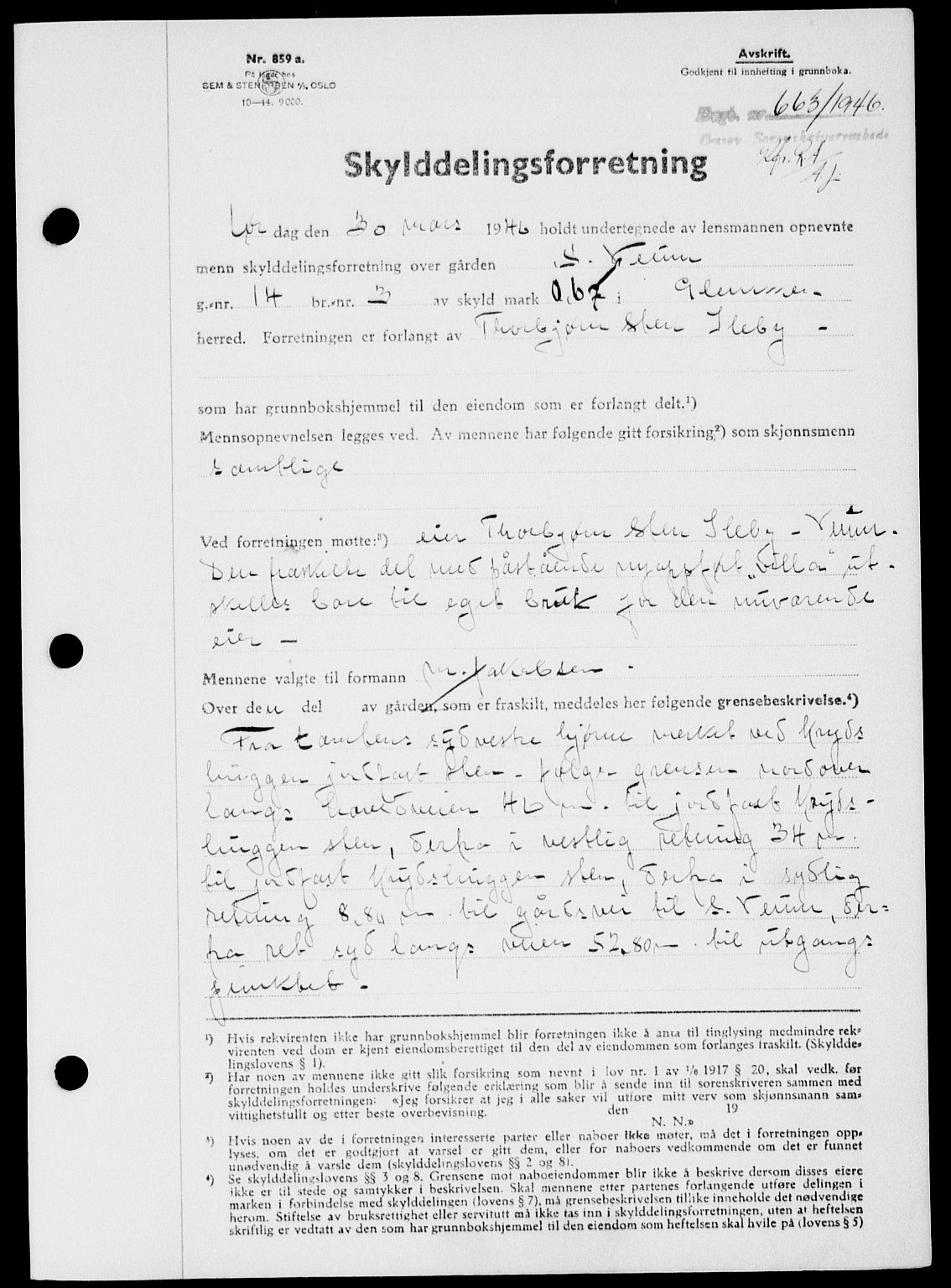 Onsøy sorenskriveri, SAO/A-10474/G/Ga/Gab/L0015: Mortgage book no. II A-15, 1945-1946, Diary no: : 663/1946