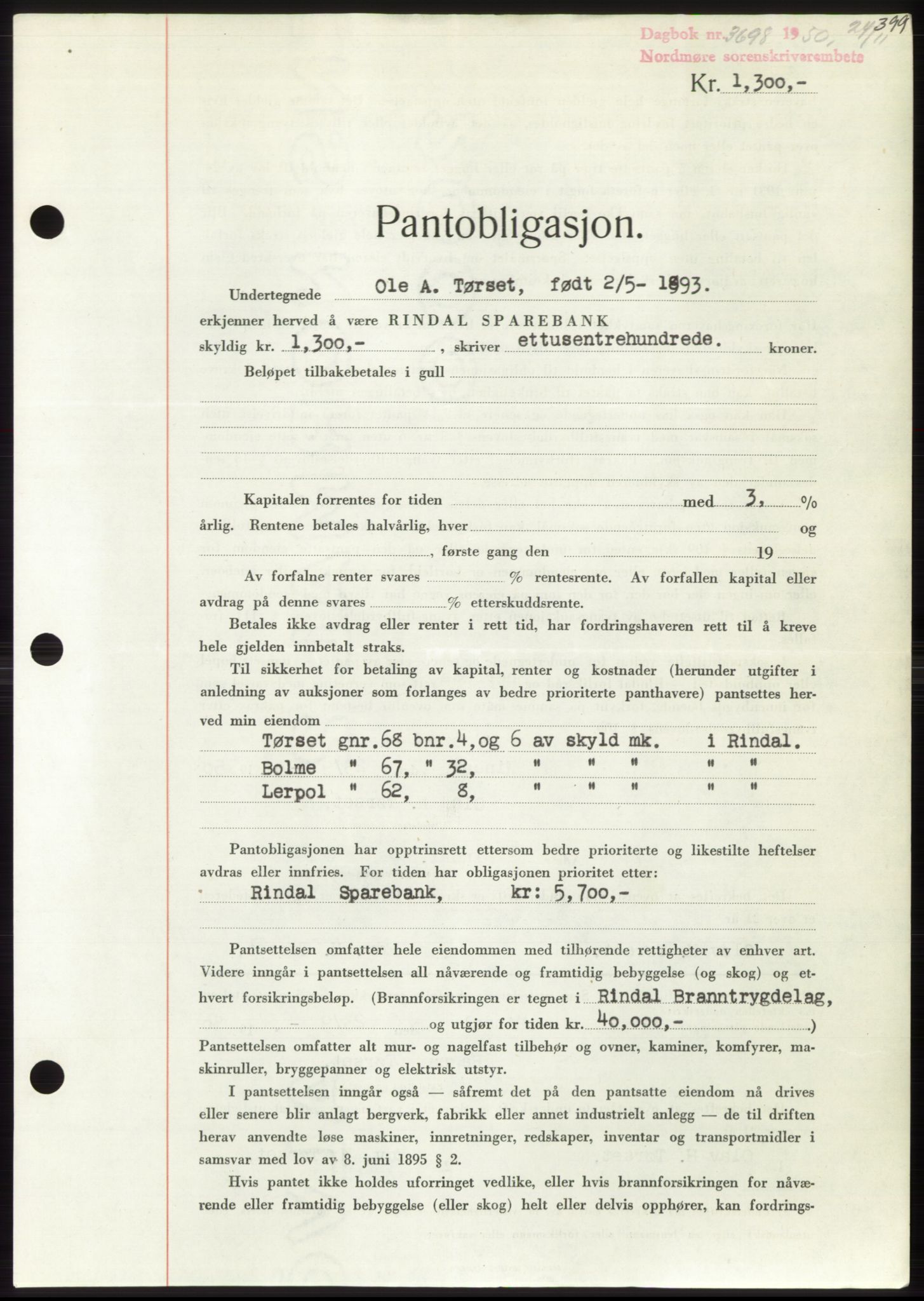 Nordmøre sorenskriveri, AV/SAT-A-4132/1/2/2Ca: Mortgage book no. B106, 1950-1950, Diary no: : 3698/1950