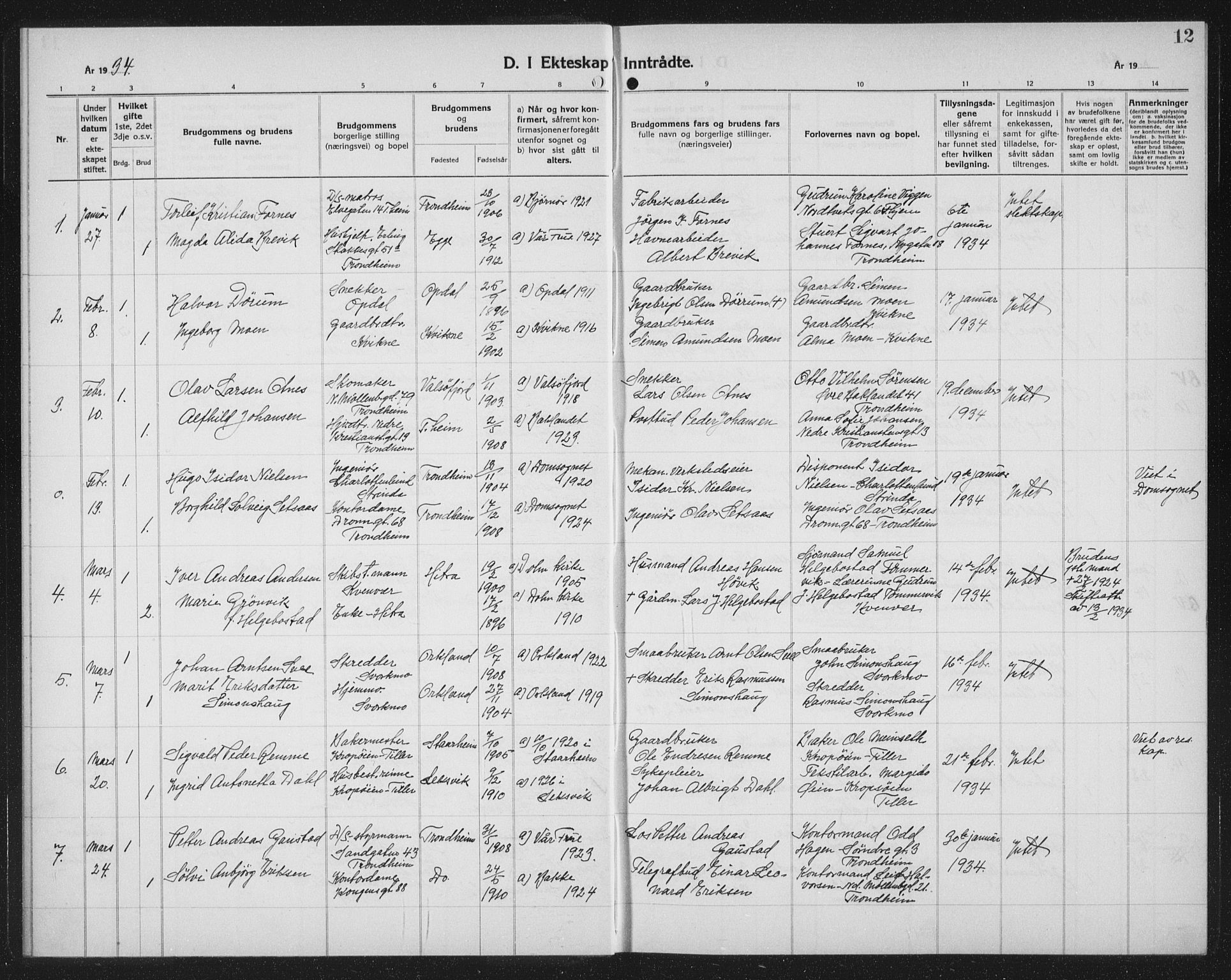 Ministerialprotokoller, klokkerbøker og fødselsregistre - Sør-Trøndelag, SAT/A-1456/602/L0152: Parish register (copy) no. 602C20, 1933-1940, p. 12