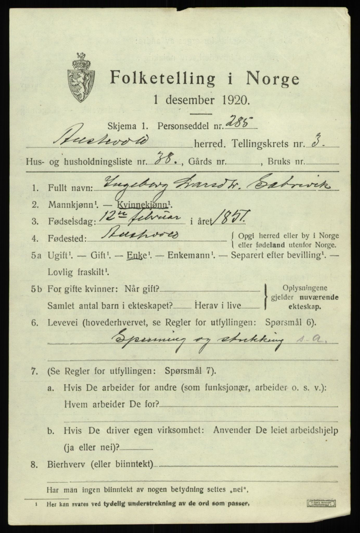 SAB, 1920 census for Austevoll, 1920, p. 2662