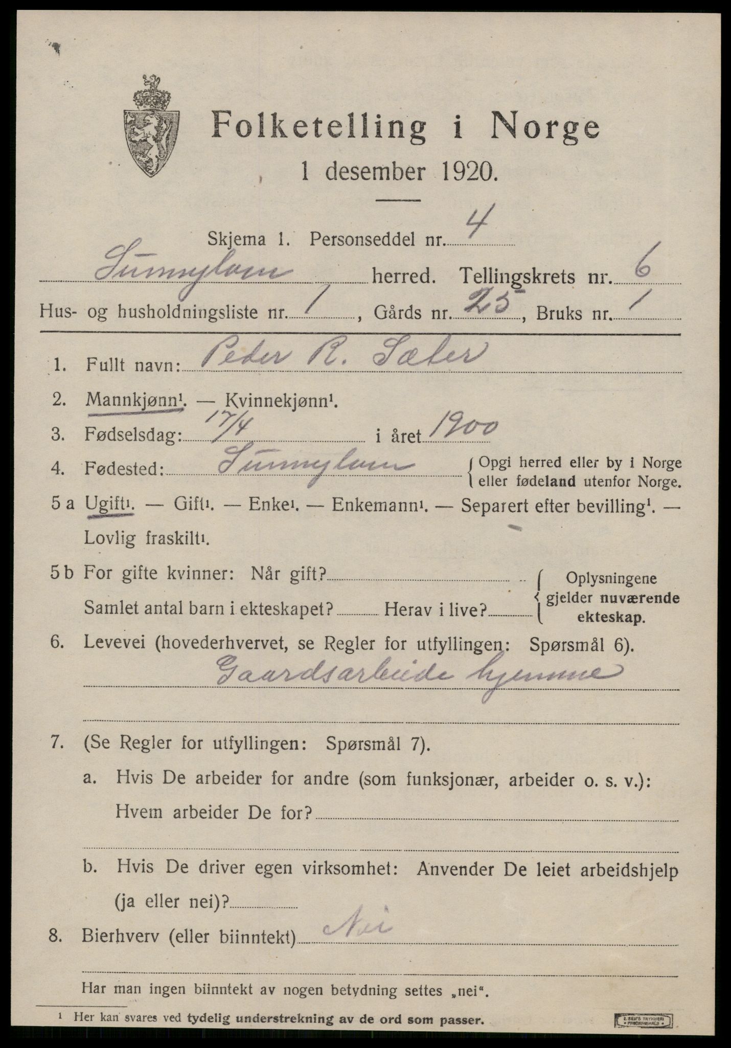 SAT, 1920 census for Sunnylven, 1920, p. 2430