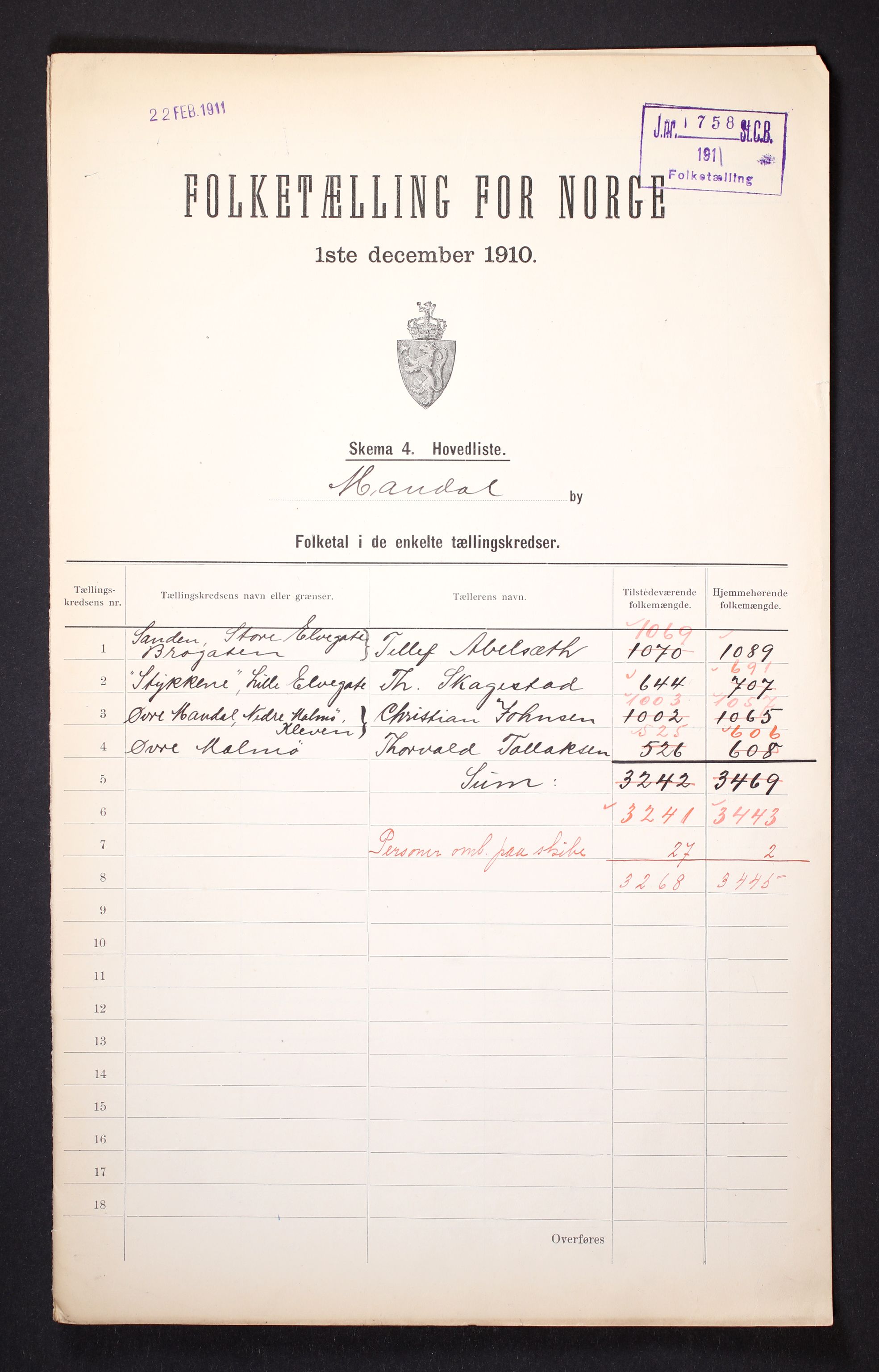 RA, 1910 census for Mandal, 1910, p. 2