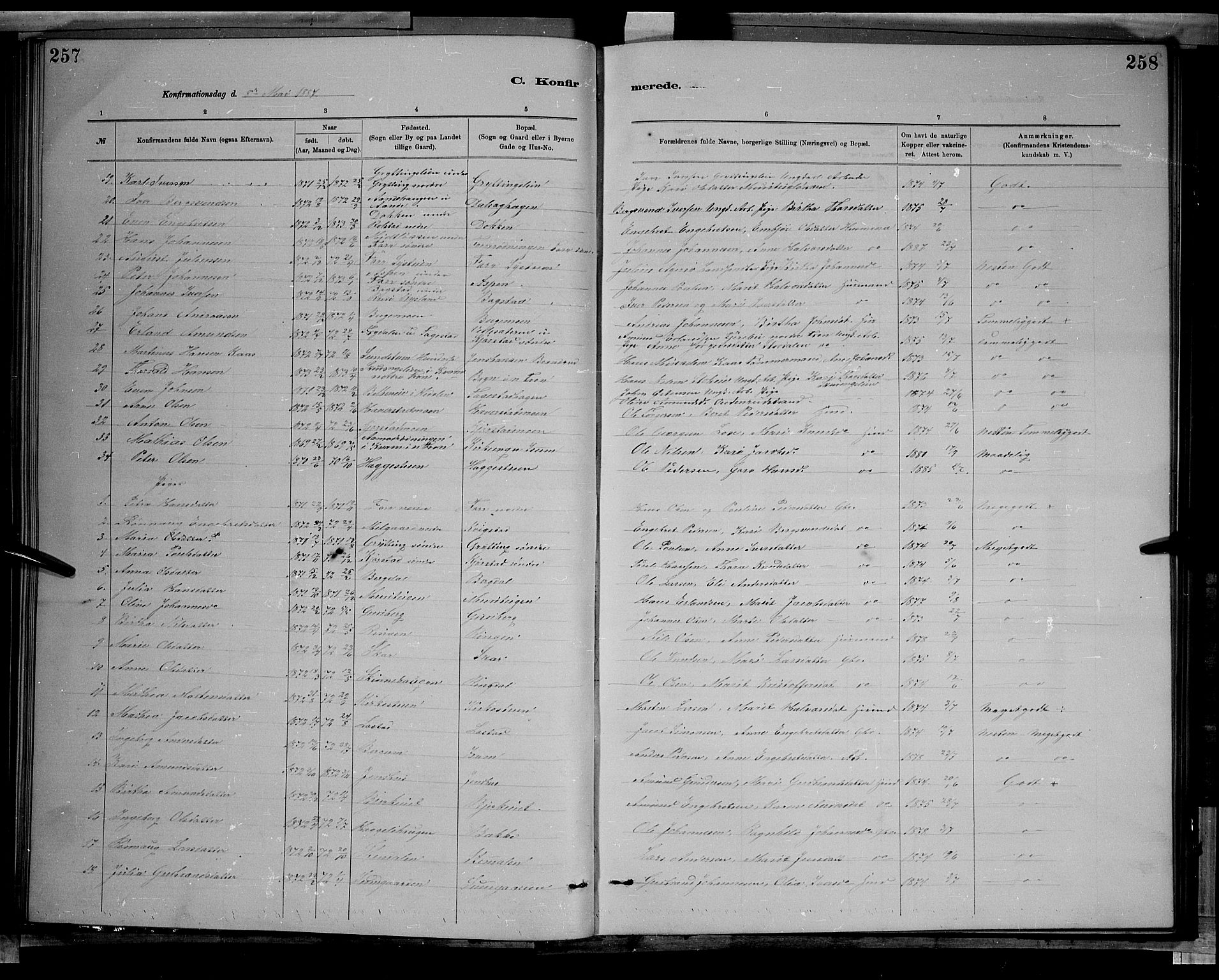 Sør-Fron prestekontor, SAH/PREST-010/H/Ha/Hab/L0003: Parish register (copy) no. 3, 1884-1896, p. 257-258