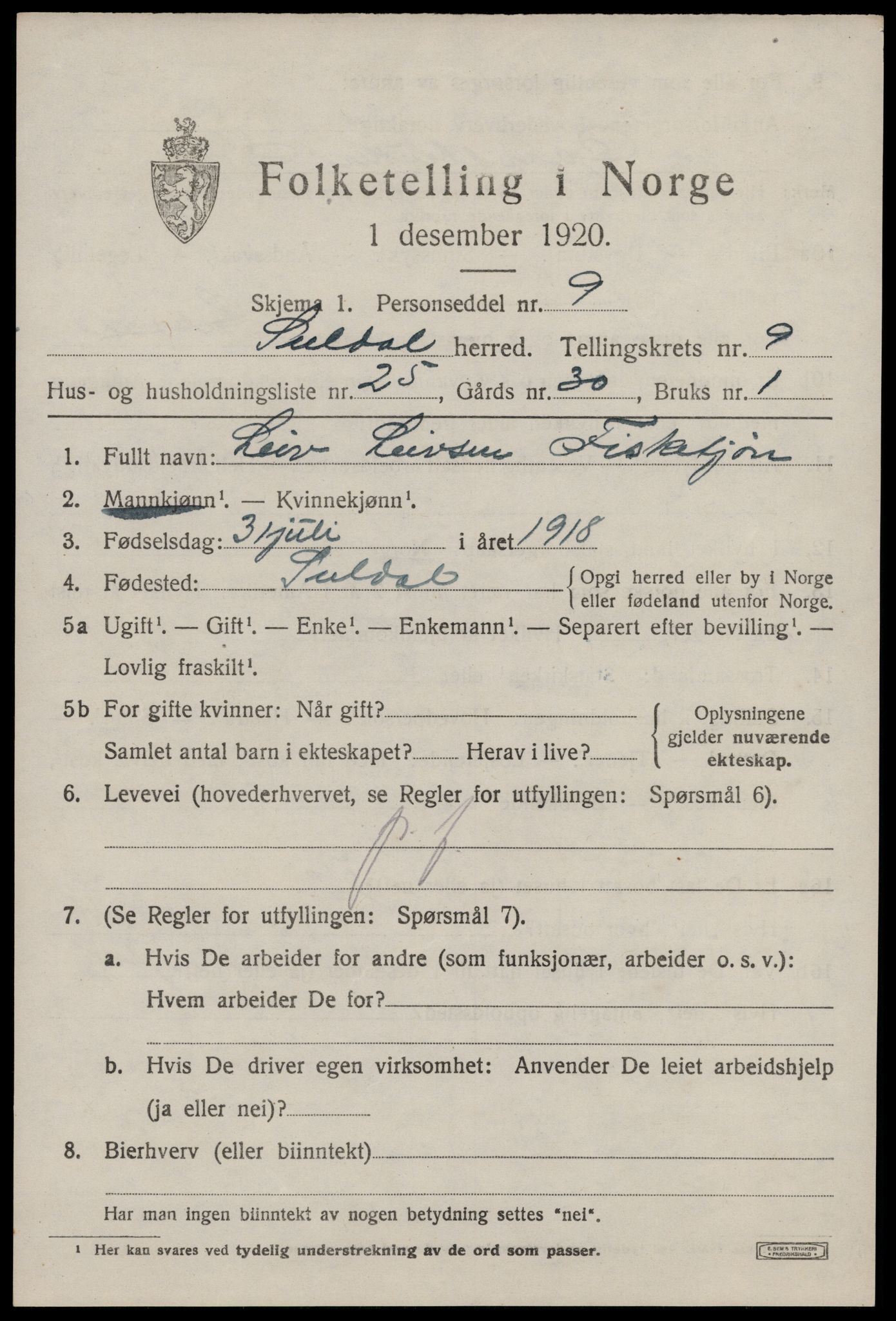 SAST, 1920 census for Suldal, 1920, p. 2402