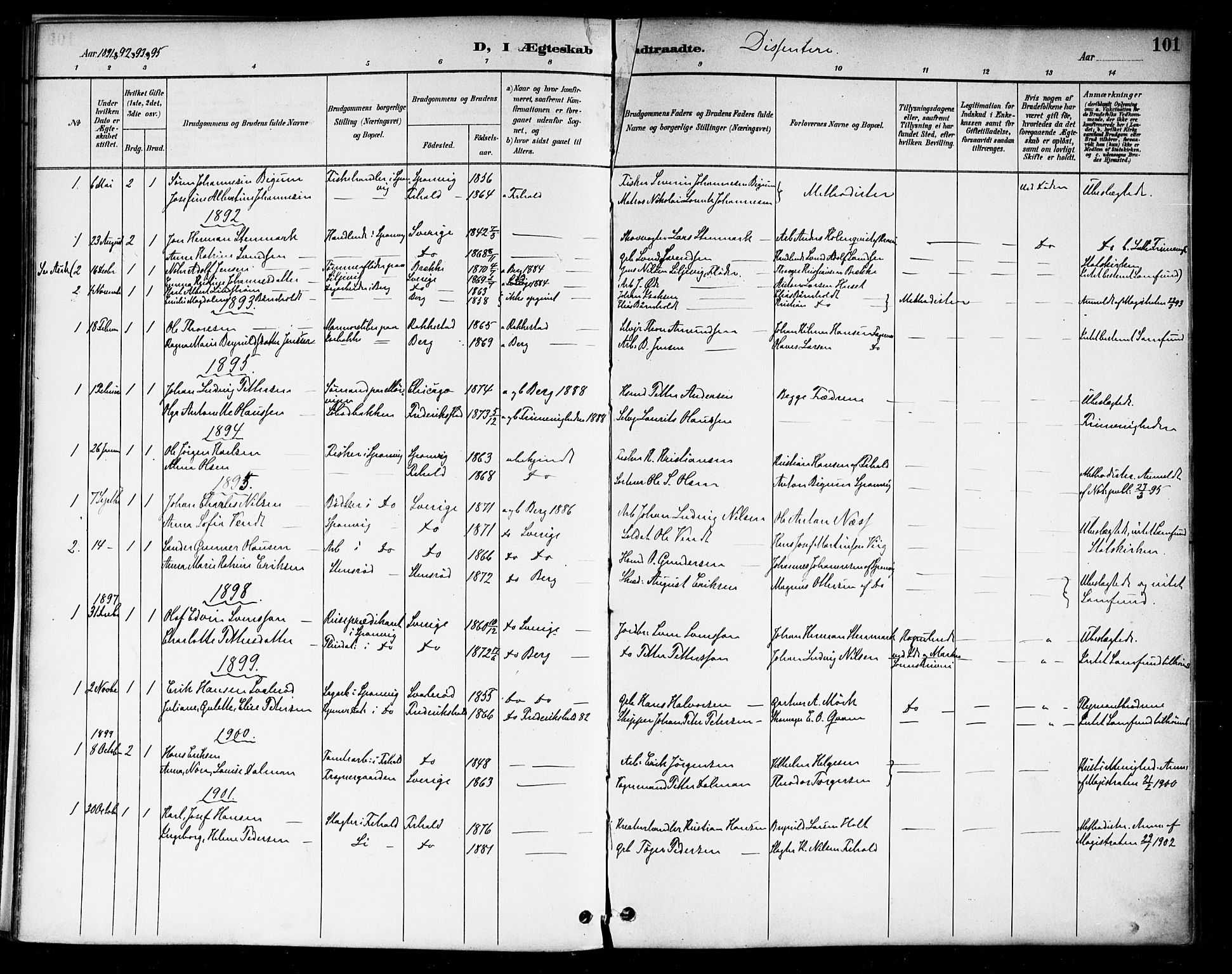 Berg prestekontor Kirkebøker, AV/SAO-A-10902/F/Fa/L0007: Parish register (official) no. I 7, 1888-1902, p. 101