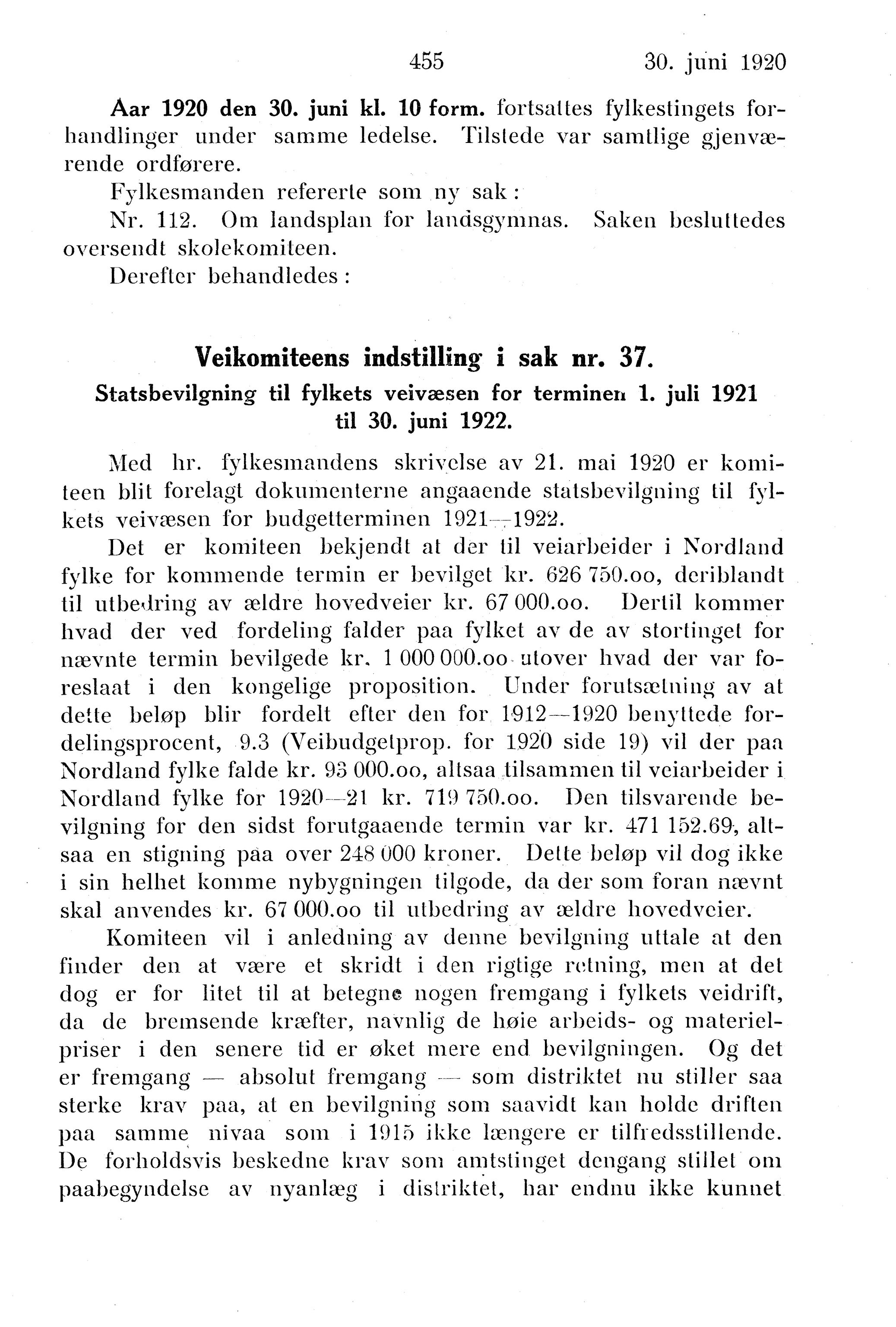 Nordland Fylkeskommune. Fylkestinget, AIN/NFK-17/176/A/Ac/L0043: Fylkestingsforhandlinger 1920, 1920, p. 455