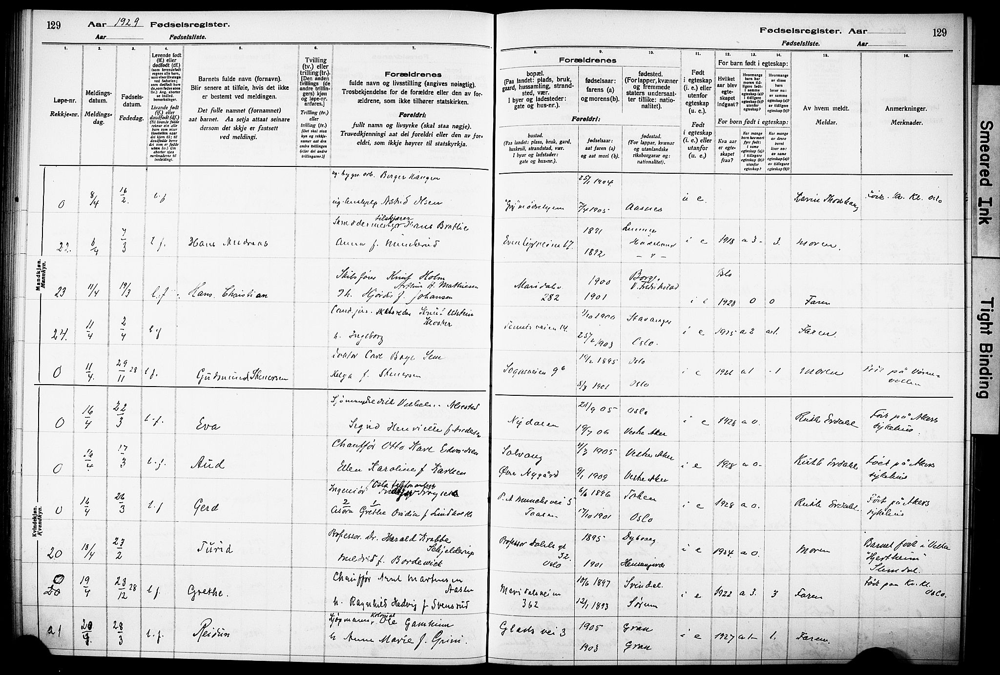 Vestre Aker prestekontor Kirkebøker, AV/SAO-A-10025/J/Ja/L0003: Birth register no. 3, 1926-1930, p. 129
