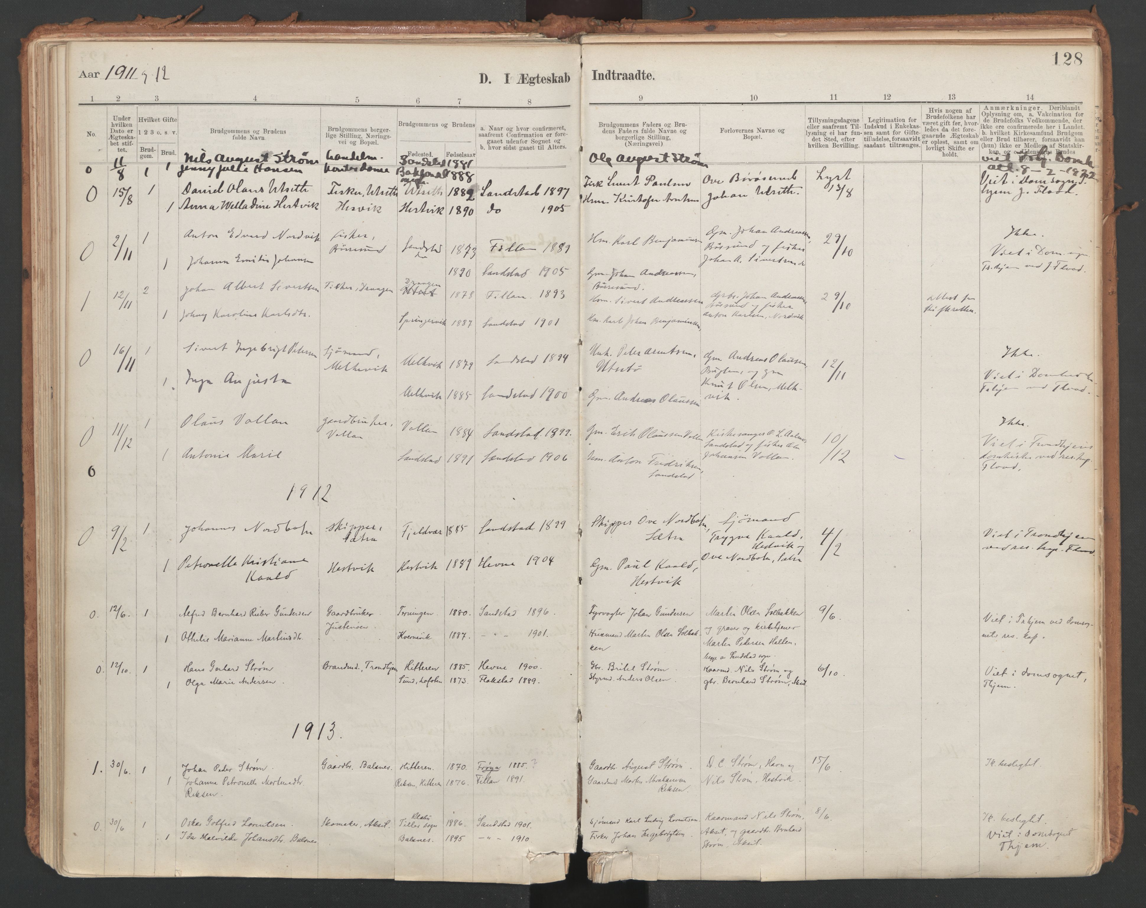 Ministerialprotokoller, klokkerbøker og fødselsregistre - Sør-Trøndelag, SAT/A-1456/639/L0572: Parish register (official) no. 639A01, 1890-1920, p. 128
