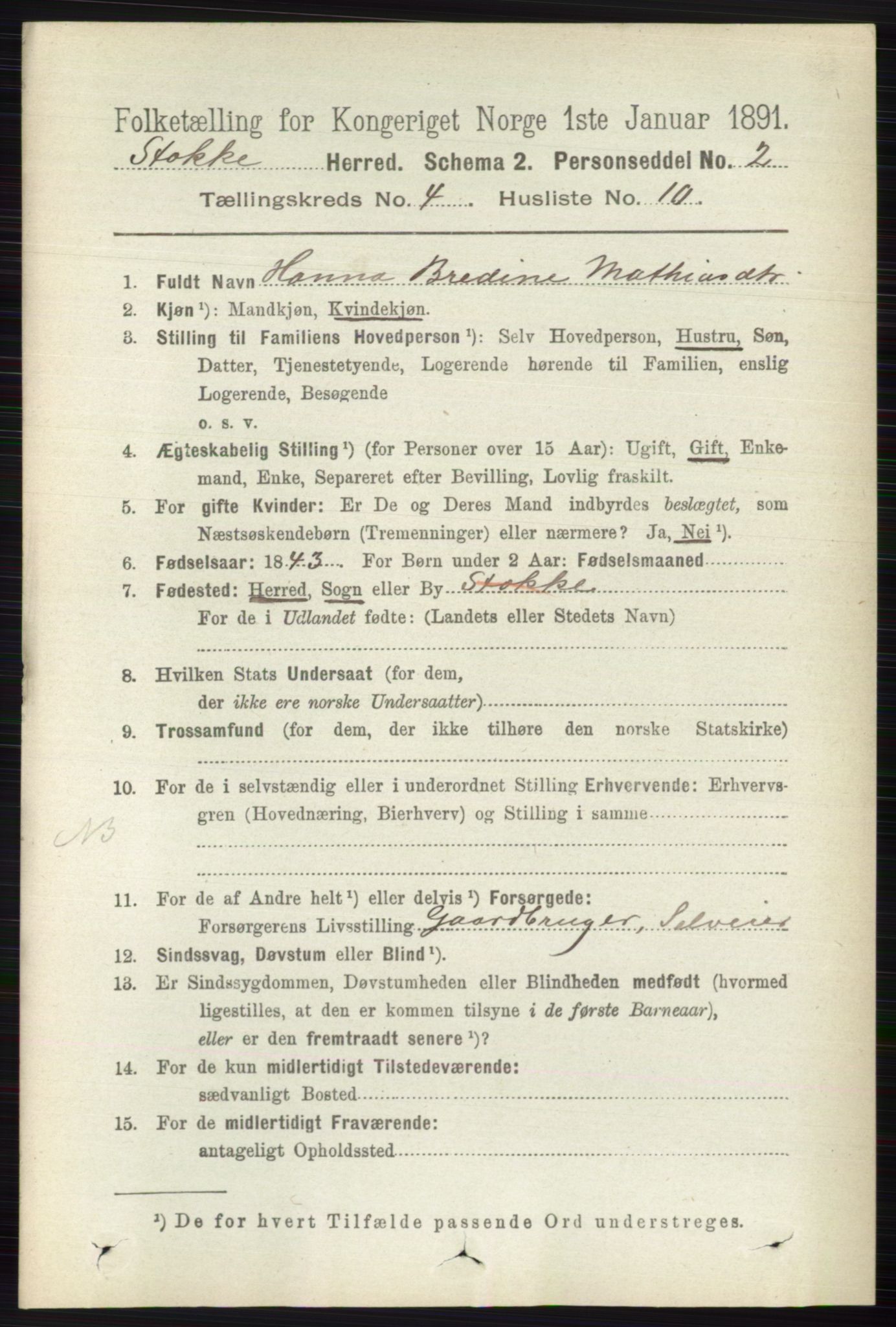 RA, 1891 census for 0720 Stokke, 1891, p. 2493