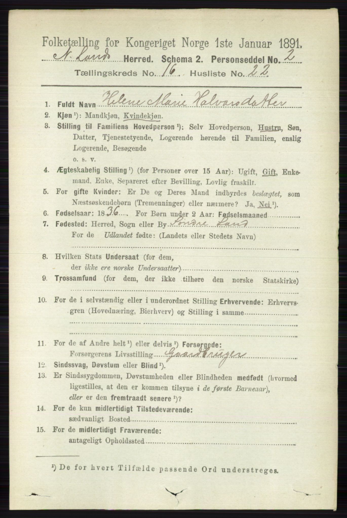 RA, 1891 census for 0538 Nordre Land, 1891, p. 4261