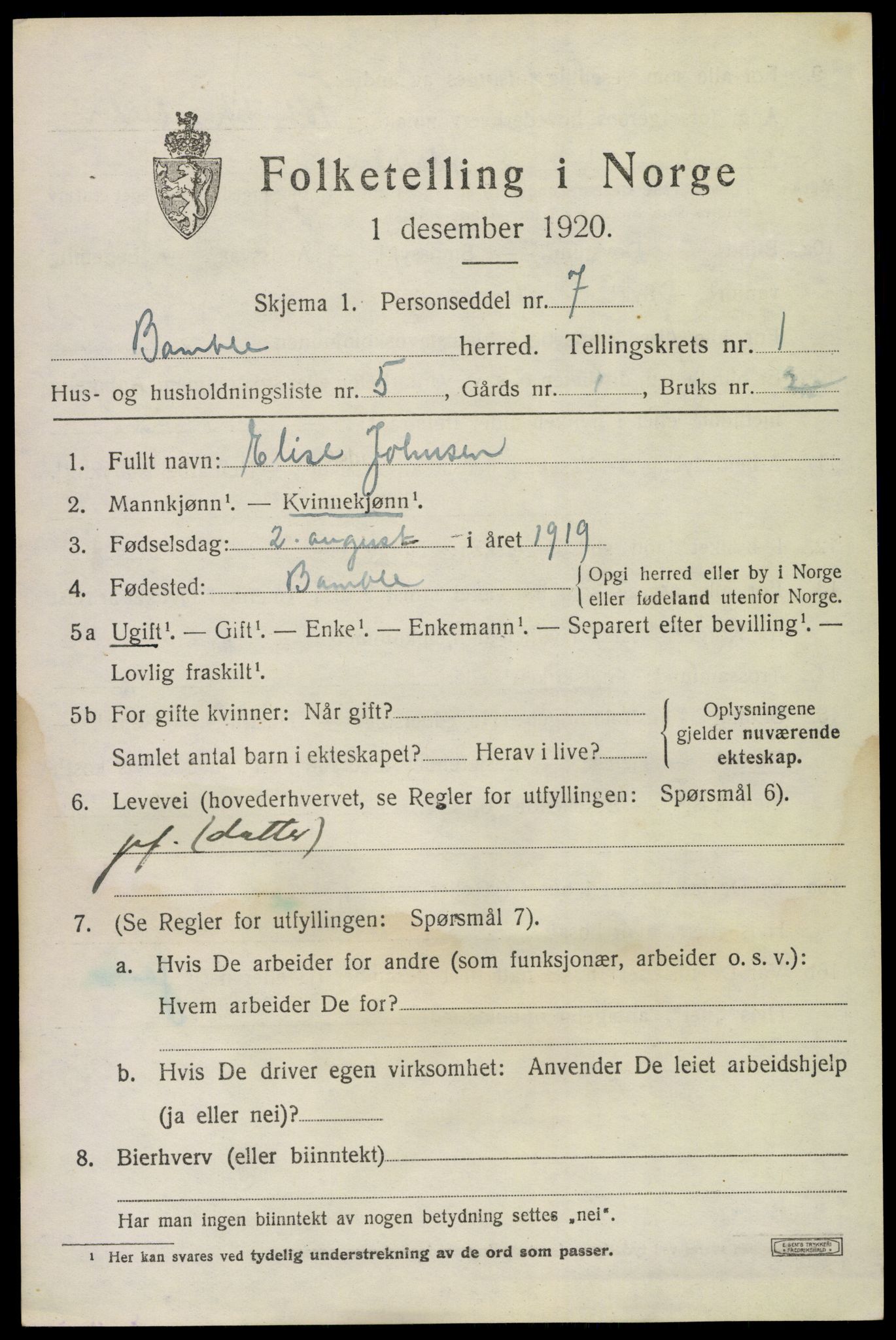 SAKO, 1920 census for Bamble, 1920, p. 2033