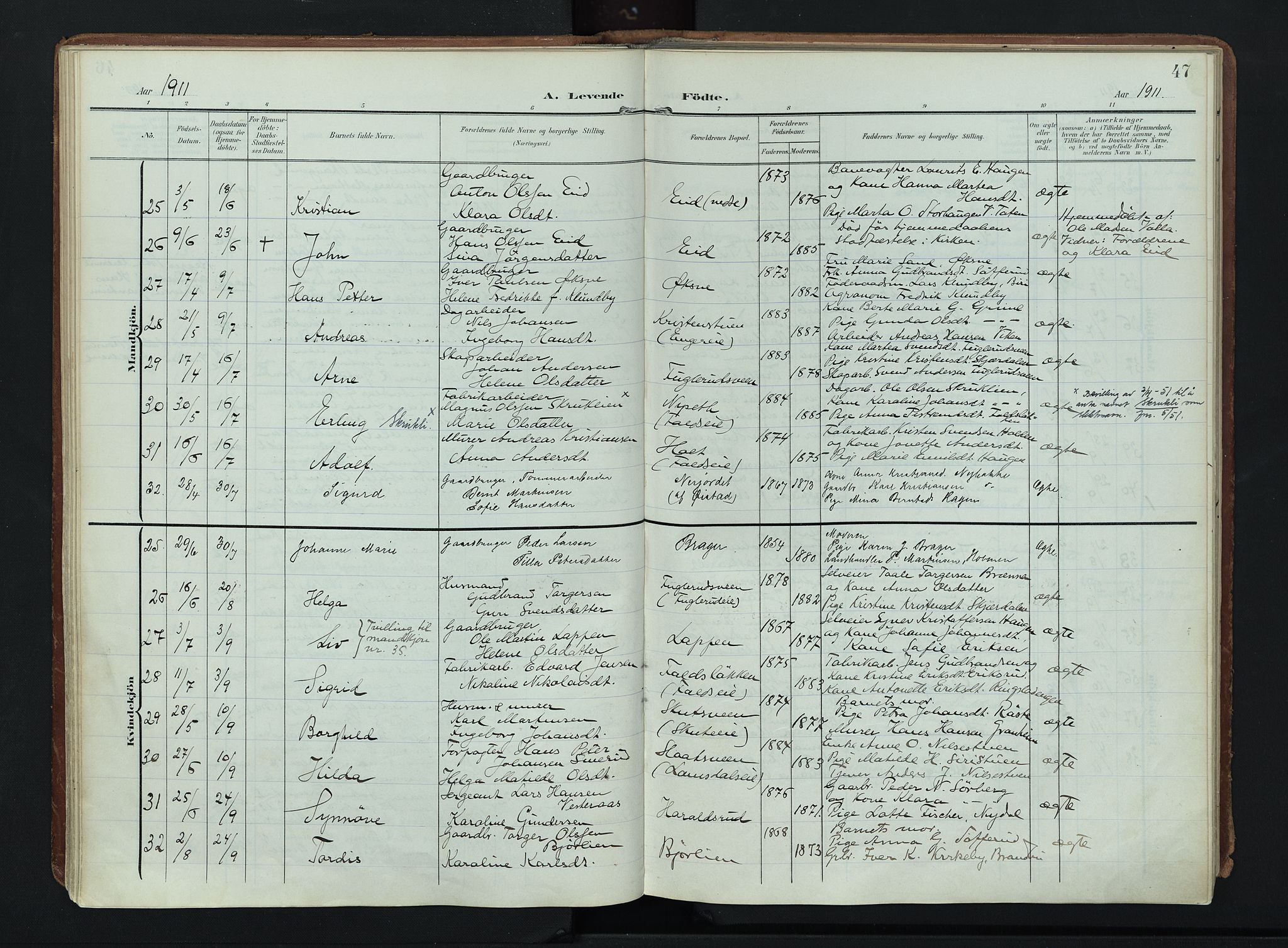 Søndre Land prestekontor, AV/SAH-PREST-122/K/L0007: Parish register (official) no. 7, 1905-1914, p. 47