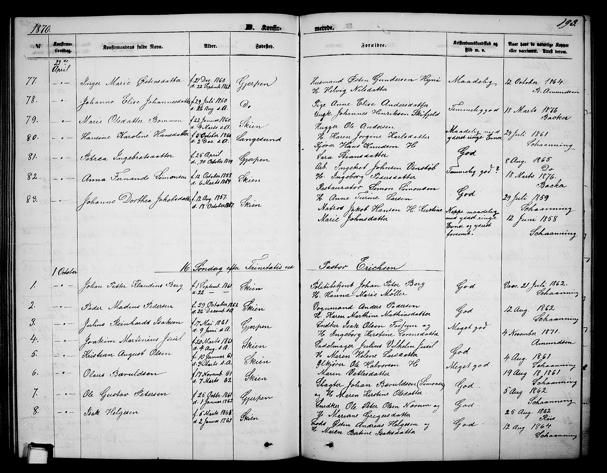 Skien kirkebøker, AV/SAKO-A-302/G/Ga/L0005: Parish register (copy) no. 5, 1868-1880, p. 193