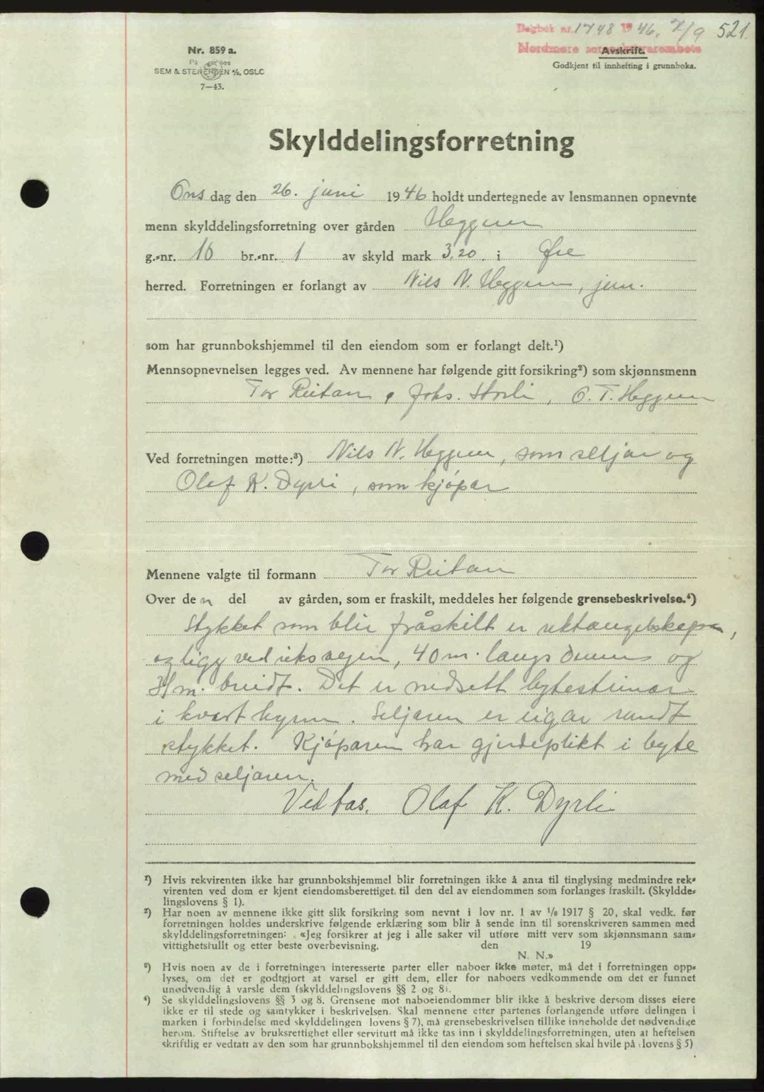 Nordmøre sorenskriveri, AV/SAT-A-4132/1/2/2Ca: Mortgage book no. A102, 1946-1946, Diary no: : 1748/1946