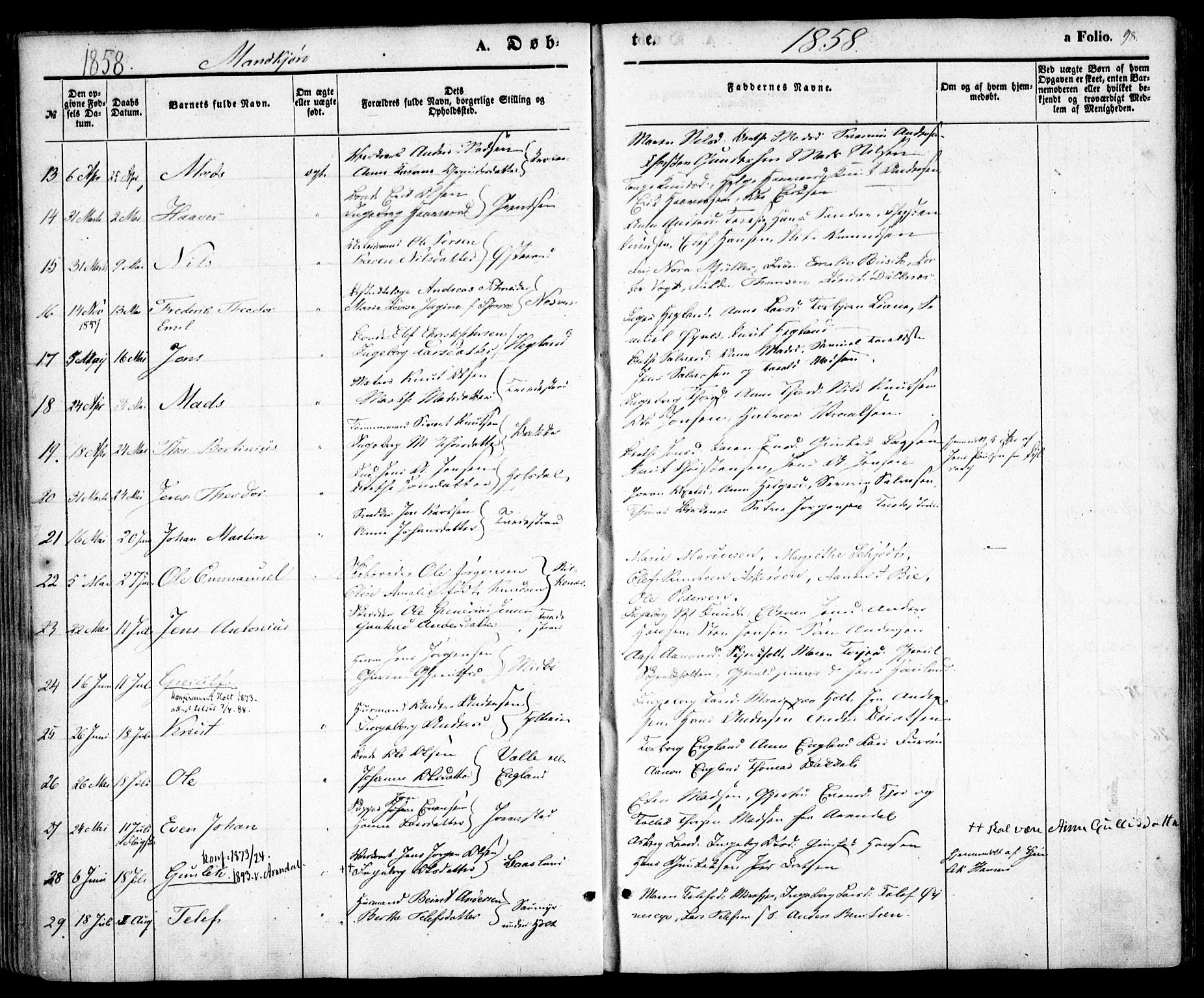 Holt sokneprestkontor, AV/SAK-1111-0021/F/Fa/L0008: Parish register (official) no. A 8, 1849-1860, p. 98