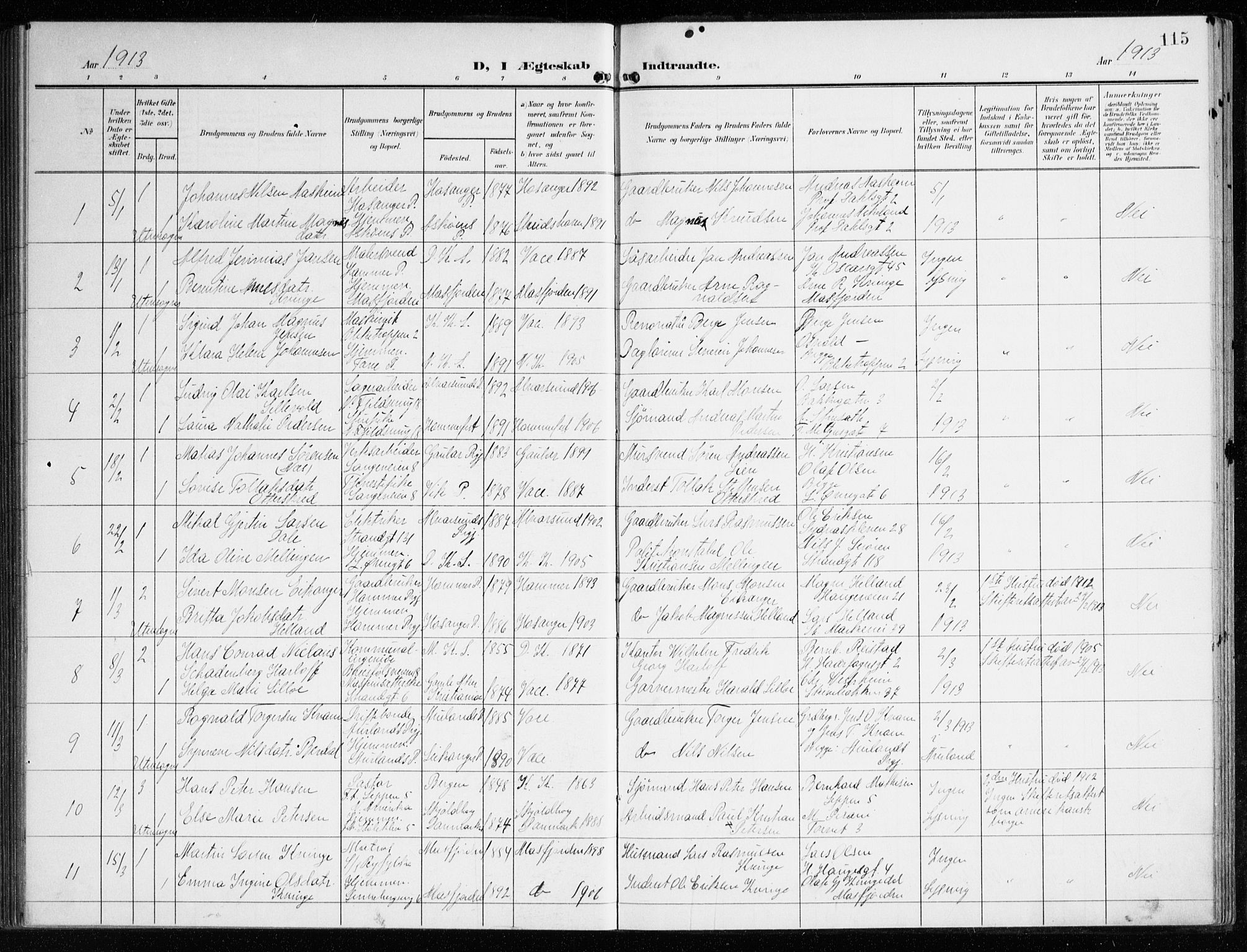 Korskirken sokneprestembete, SAB/A-76101/H/Haa/L0038: Parish register (official) no. D 5, 1904-1919, p. 115