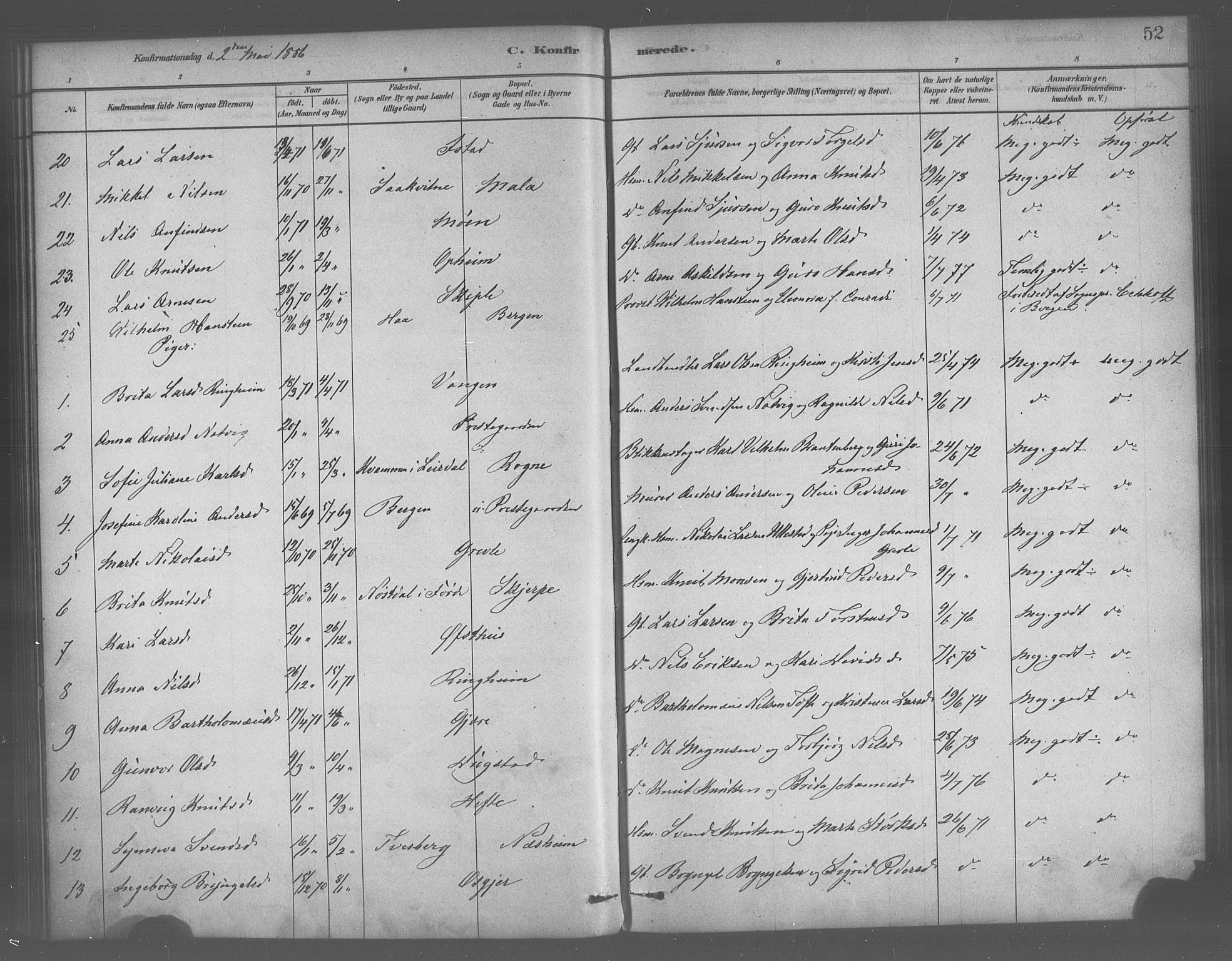 Voss sokneprestembete, SAB/A-79001/H/Haa: Parish register (official) no. B 1, 1877-1899, p. 52