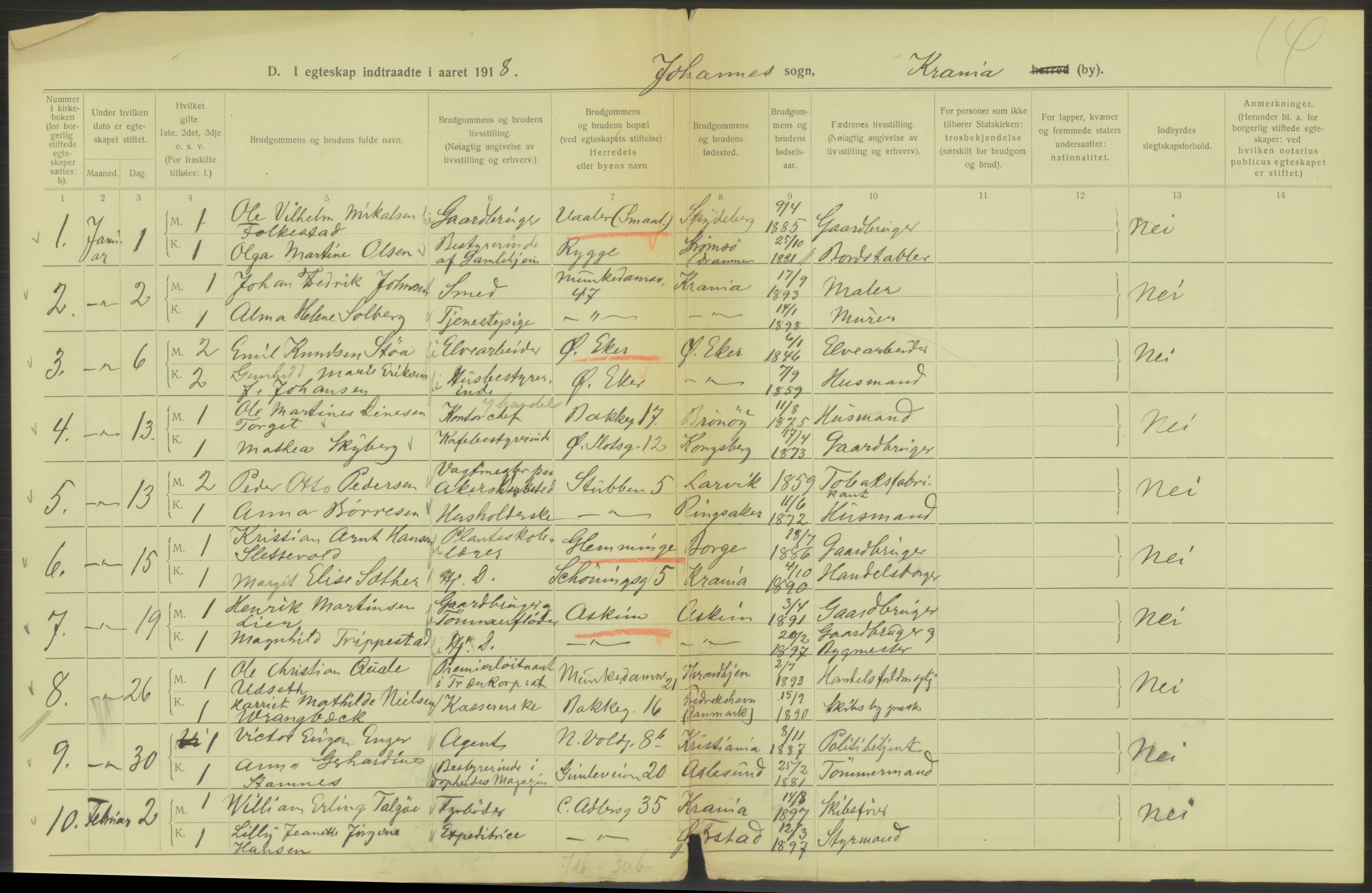 Statistisk sentralbyrå, Sosiodemografiske emner, Befolkning, AV/RA-S-2228/D/Df/Dfb/Dfbh/L0009: Kristiania: Gifte, 1918, p. 170
