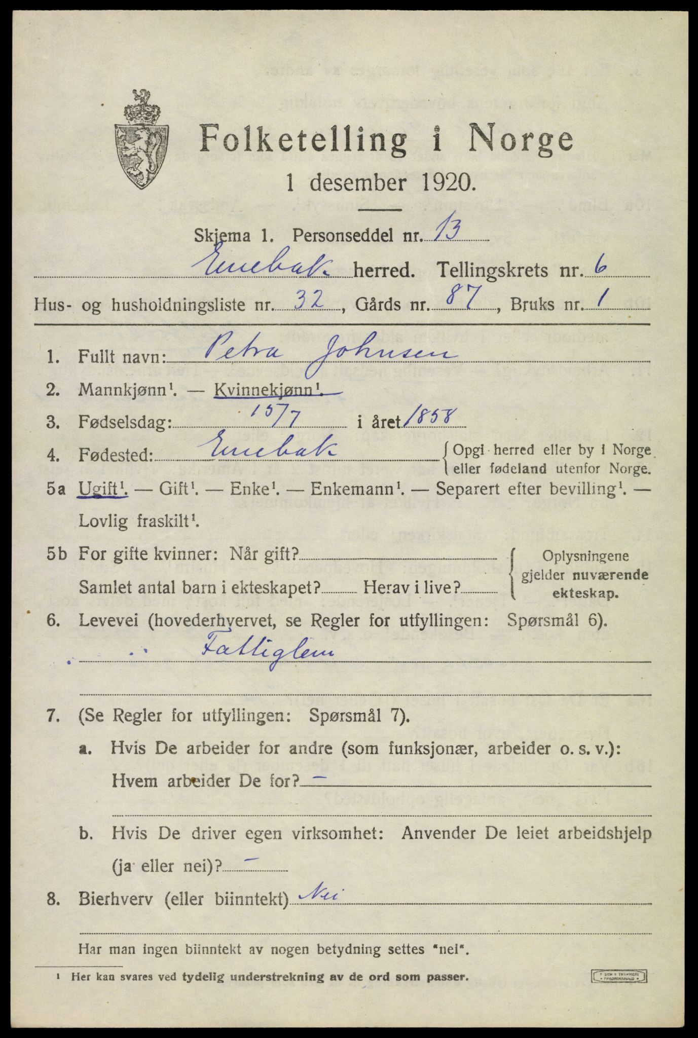 SAO, 1920 census for Enebakk, 1920, p. 5059