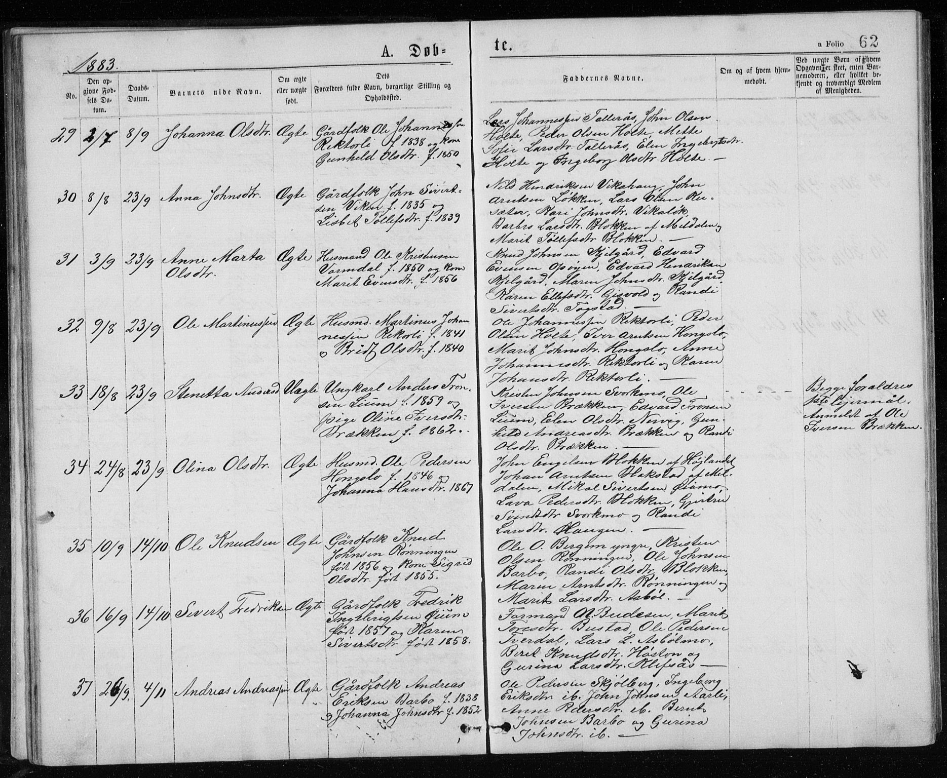 Ministerialprotokoller, klokkerbøker og fødselsregistre - Sør-Trøndelag, AV/SAT-A-1456/671/L0843: Parish register (copy) no. 671C02, 1873-1892, p. 62