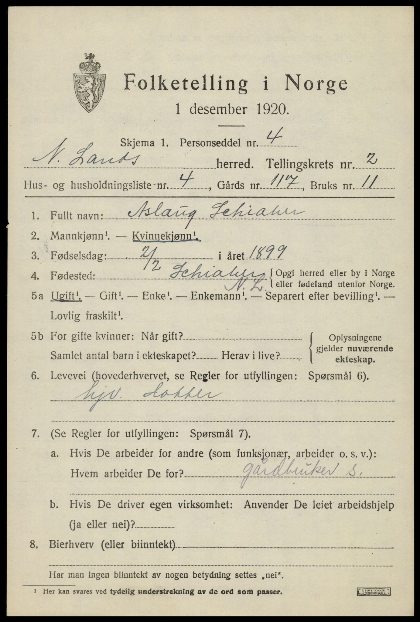 SAH, 1920 census for Nordre Land, 1920, p. 1684