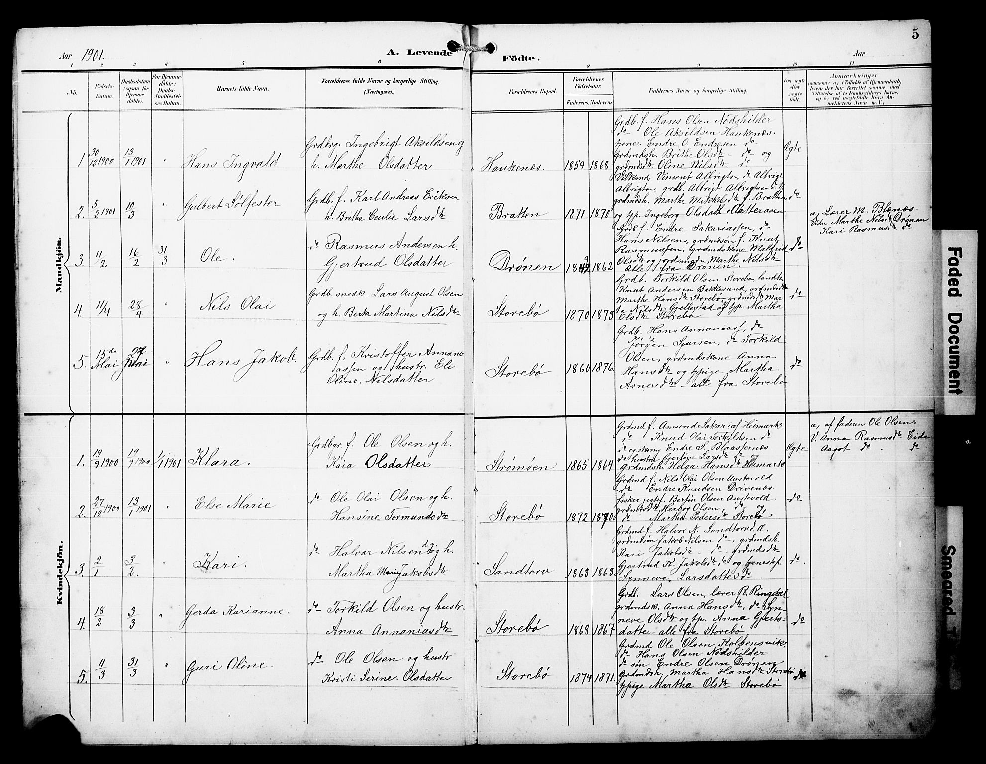 Austevoll Sokneprestembete, SAB/A-74201/H/Hab: Parish register (copy) no. A 4, 1901-1912, p. 5