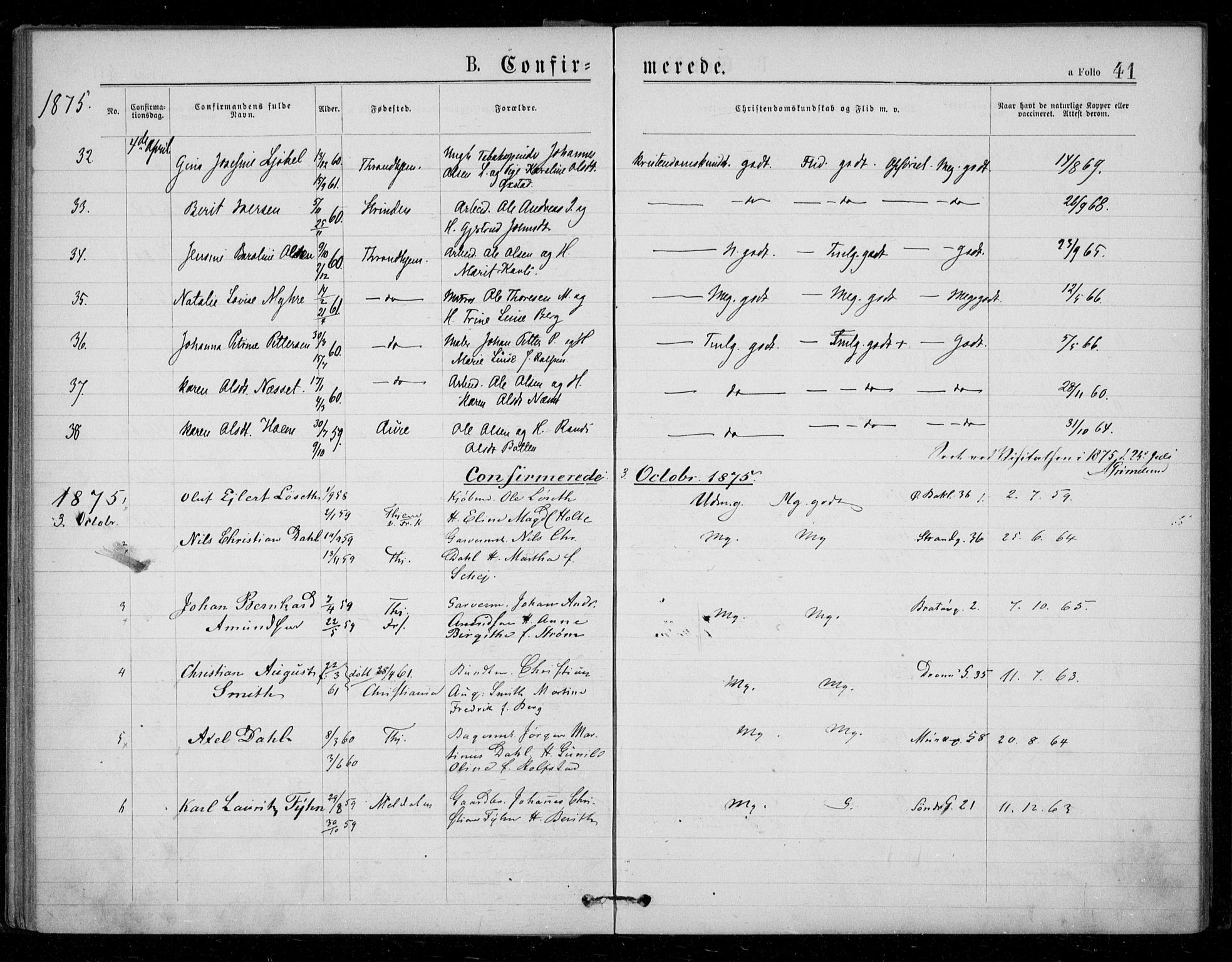 Ministerialprotokoller, klokkerbøker og fødselsregistre - Sør-Trøndelag, AV/SAT-A-1456/602/L0121: Parish register (official) no. 602A19, 1872-1879, p. 41