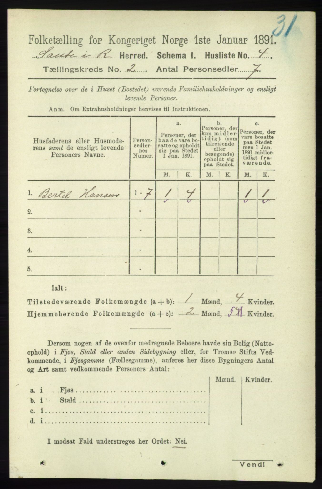 RA, 1891 census for 1135 Sauda, 1891, p. 527