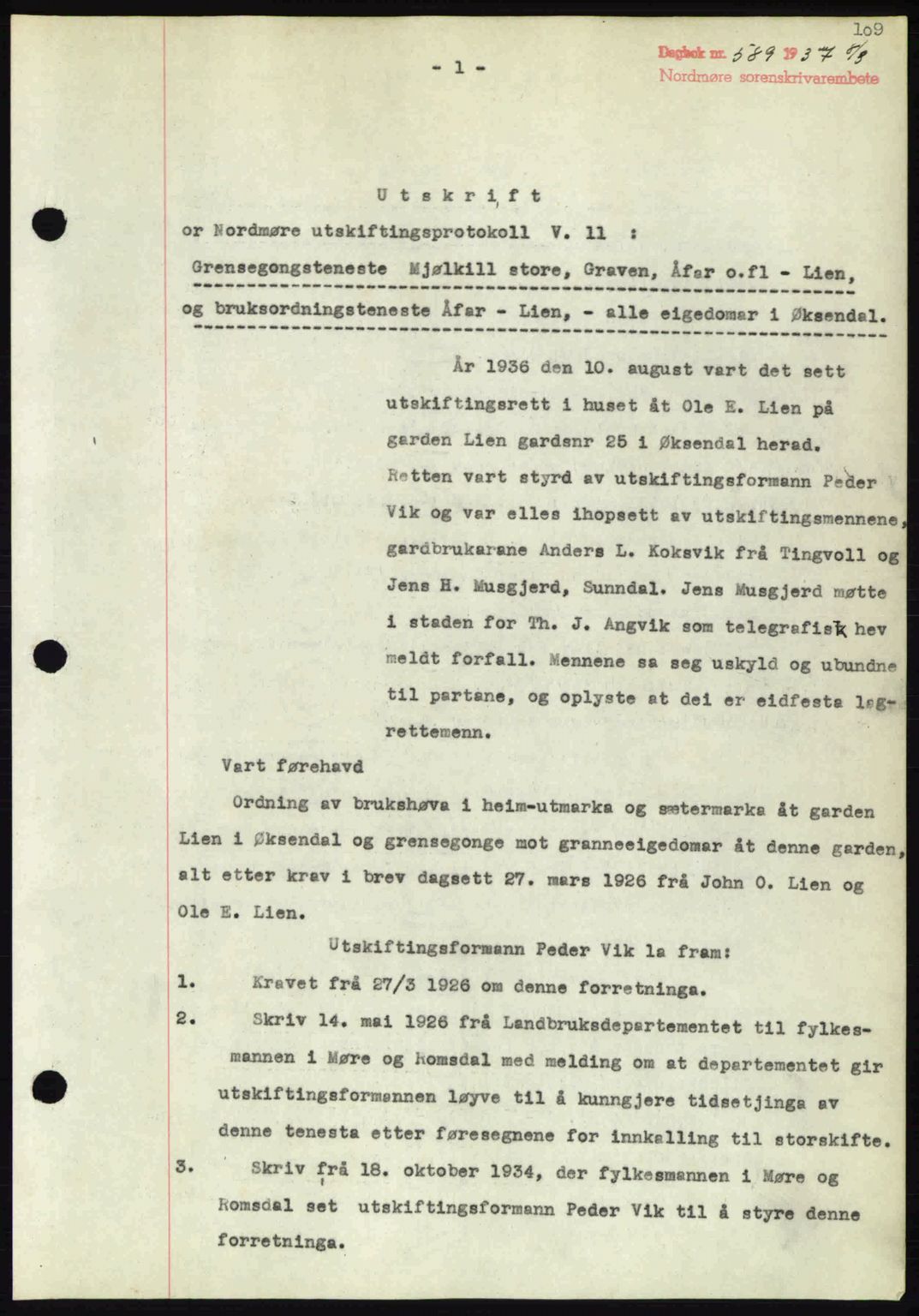 Nordmøre sorenskriveri, AV/SAT-A-4132/1/2/2Ca: Mortgage book no. A81, 1937-1937, Diary no: : 589/1937