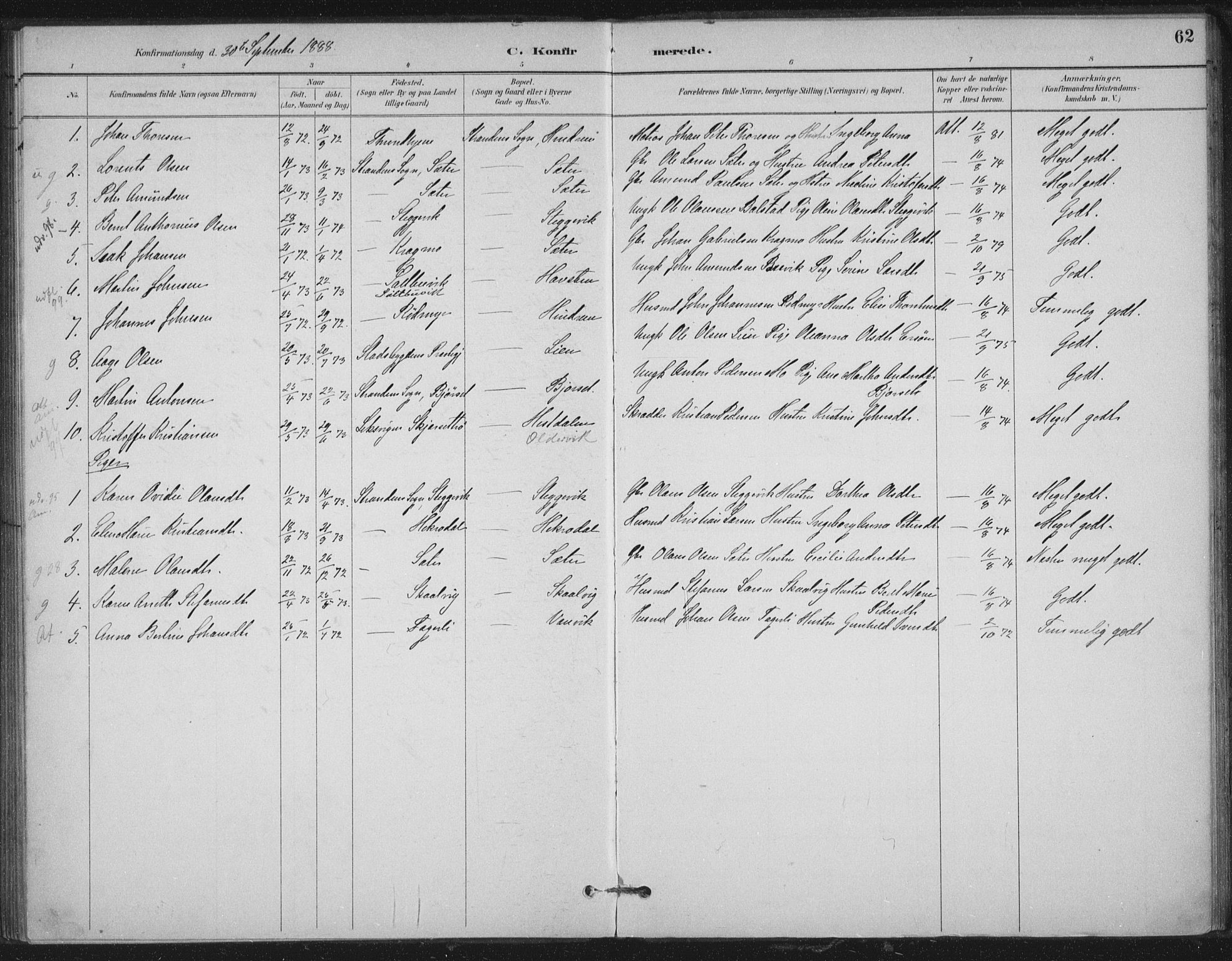 Ministerialprotokoller, klokkerbøker og fødselsregistre - Nord-Trøndelag, SAT/A-1458/702/L0023: Parish register (official) no. 702A01, 1883-1897, p. 62