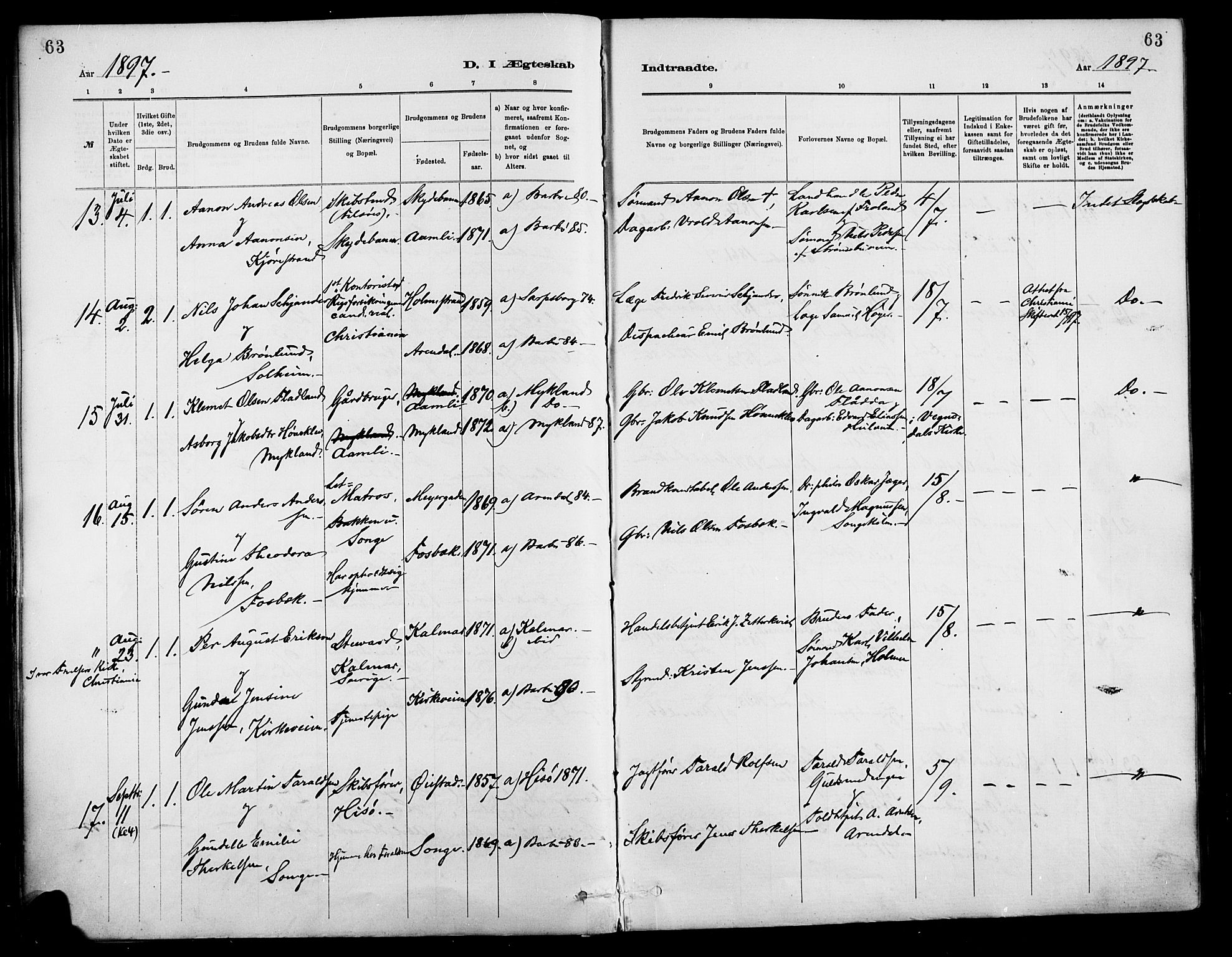 Barbu sokneprestkontor, AV/SAK-1111-0003/F/Fa/L0003: Parish register (official) no. A 3, 1883-1898, p. 63