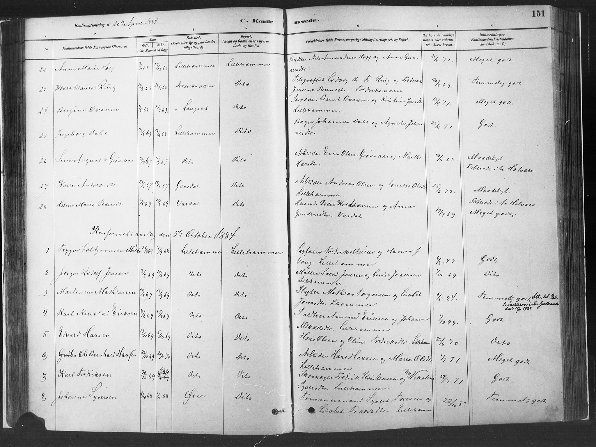 Fåberg prestekontor, AV/SAH-PREST-086/H/Ha/Haa/L0010: Parish register (official) no. 10, 1879-1900, p. 151