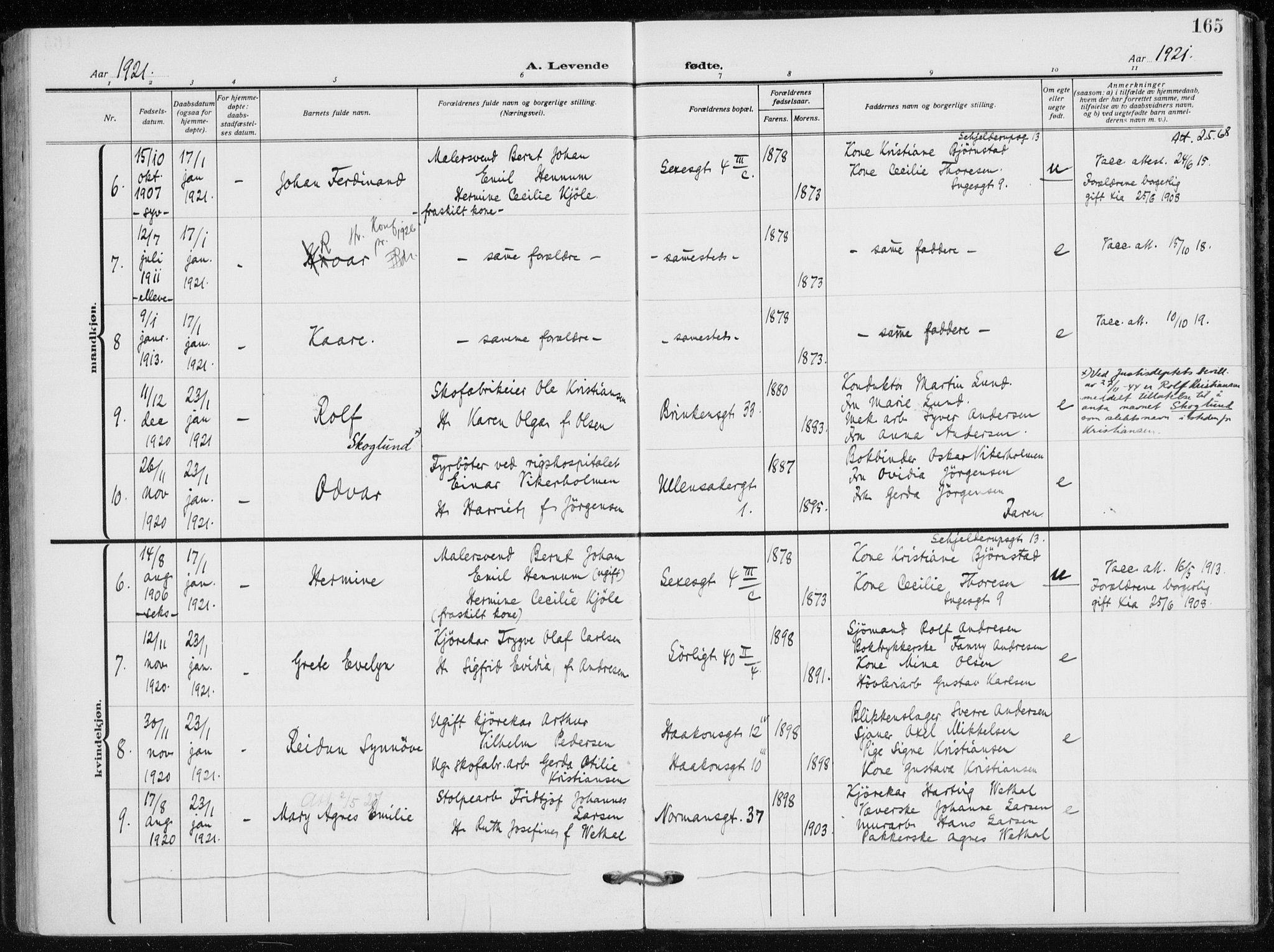 Kampen prestekontor Kirkebøker, SAO/A-10853/F/Fa/L0012: Parish register (official) no. I 12, 1916-1921, p. 165