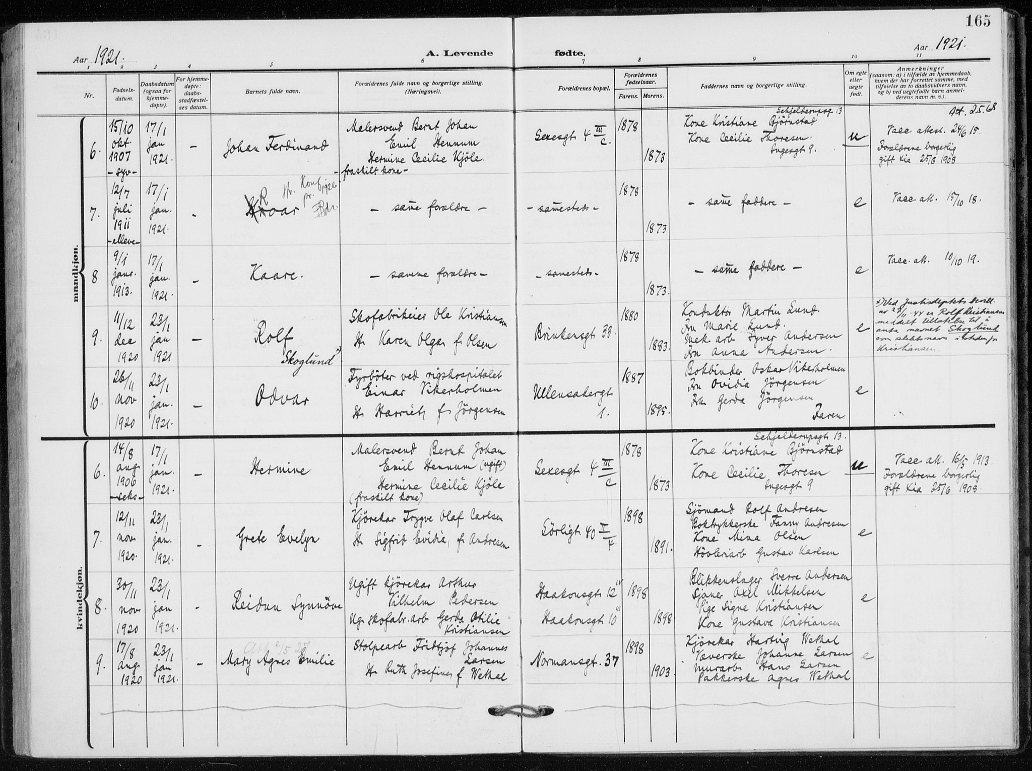 Kampen prestekontor Kirkebøker, AV/SAO-A-10853/F/Fa/L0012: Parish register (official) no. I 12, 1916-1921, p. 165