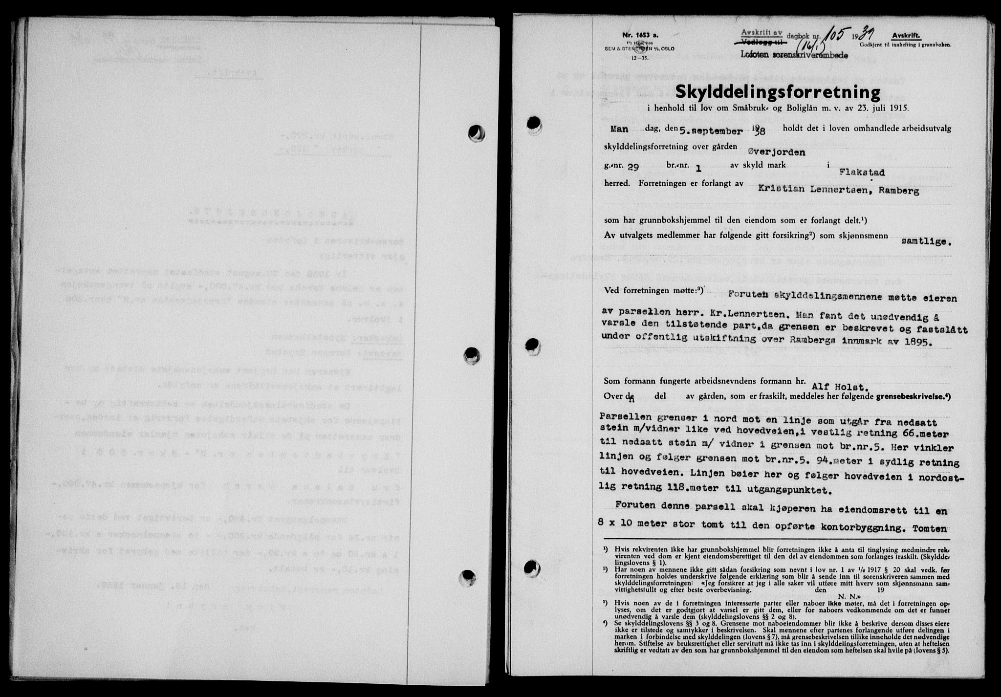 Lofoten sorenskriveri, SAT/A-0017/1/2/2C/L0005a: Mortgage book no. 5a, 1939-1939, Diary no: : 105/1939