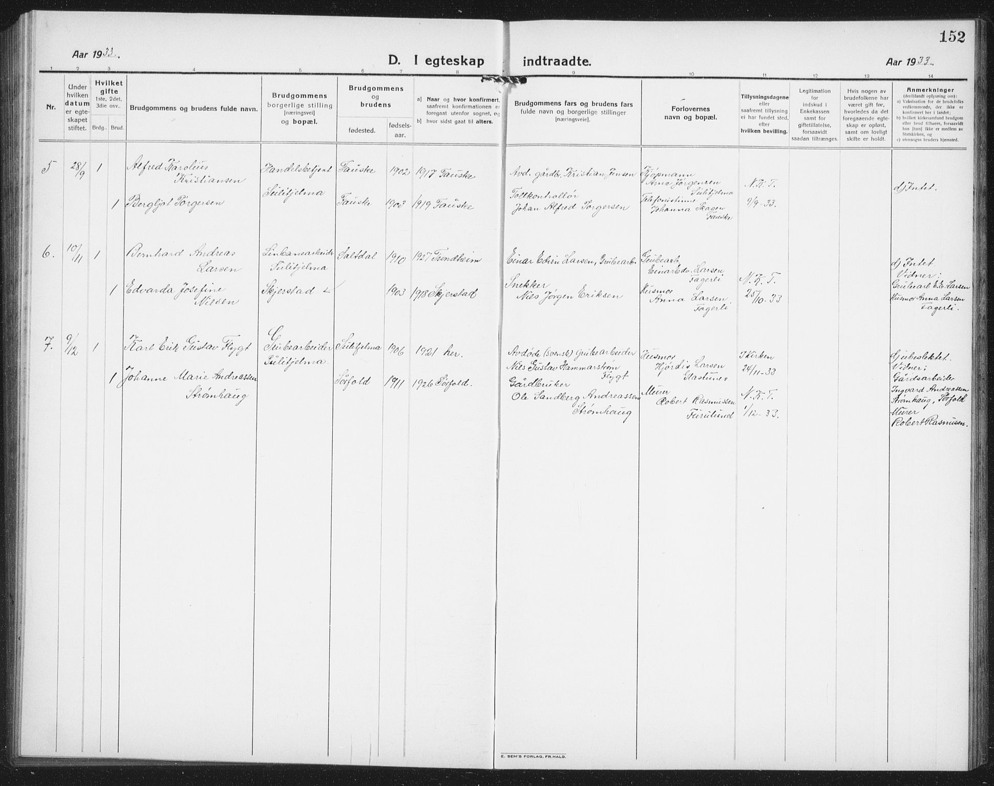 Ministerialprotokoller, klokkerbøker og fødselsregistre - Nordland, AV/SAT-A-1459/850/L0718: Parish register (copy) no. 850C02, 1921-1941, p. 152