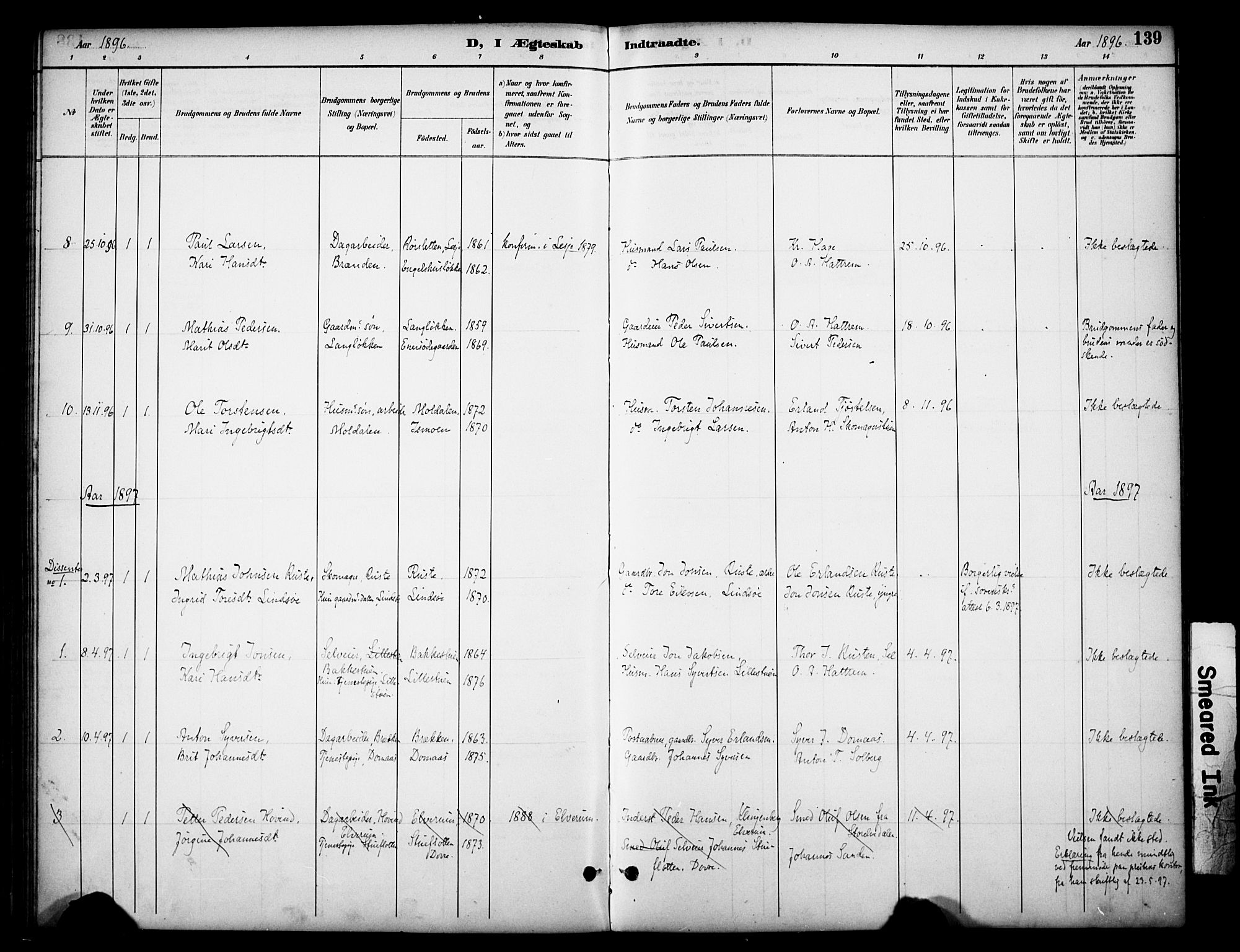 Dovre prestekontor, SAH/PREST-066/H/Ha/Haa/L0003: Parish register (official) no. 3, 1891-1901, p. 139