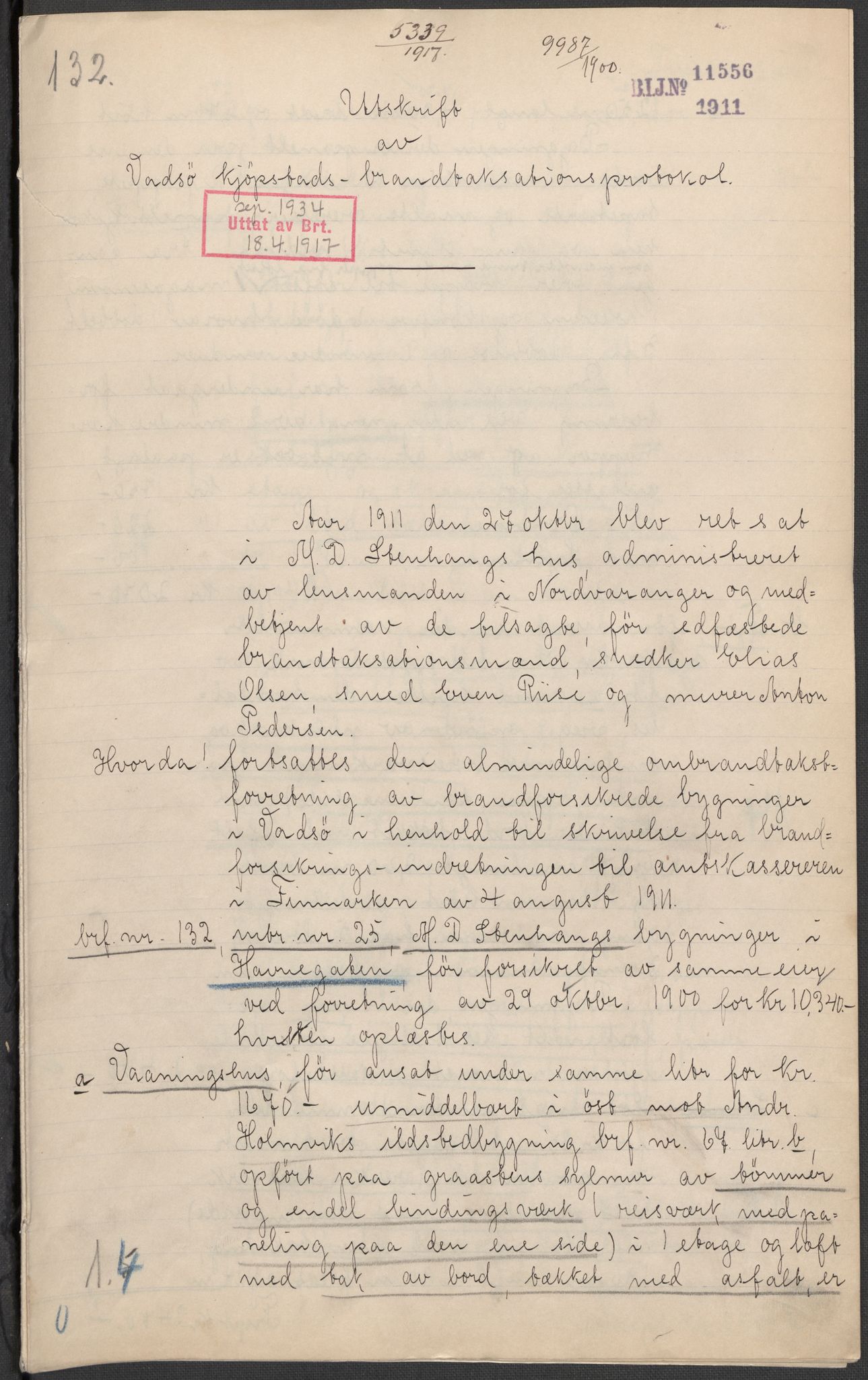 Norges Brannkasse, AV/RA-S-1549/E/Eu/L0010: Branntakster for Vadsø by, 1854-1949, p. 462