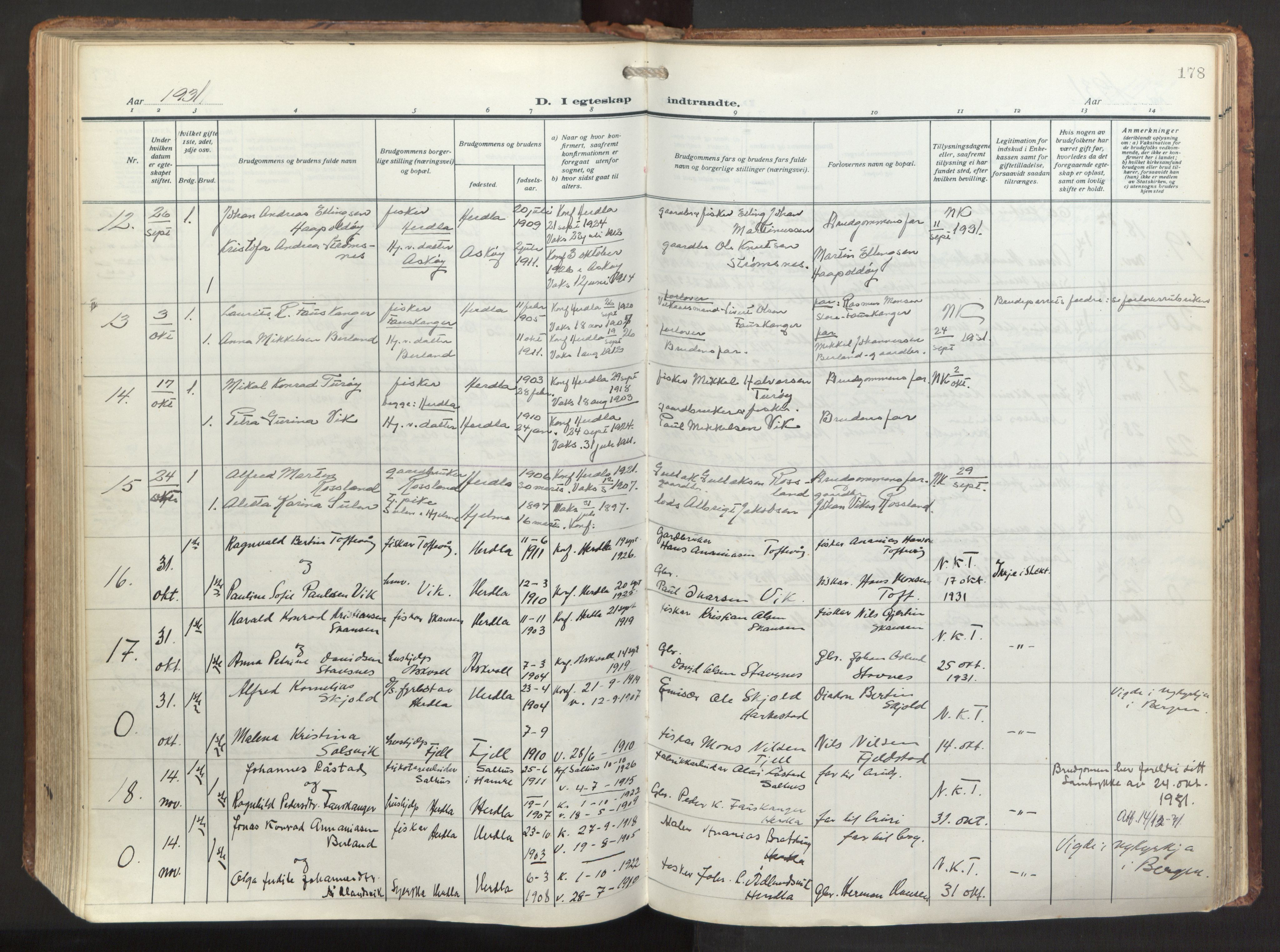 Herdla Sokneprestembete, AV/SAB-A-75701/H/Haa: Parish register (official) no. A 6, 1918-1933, p. 178